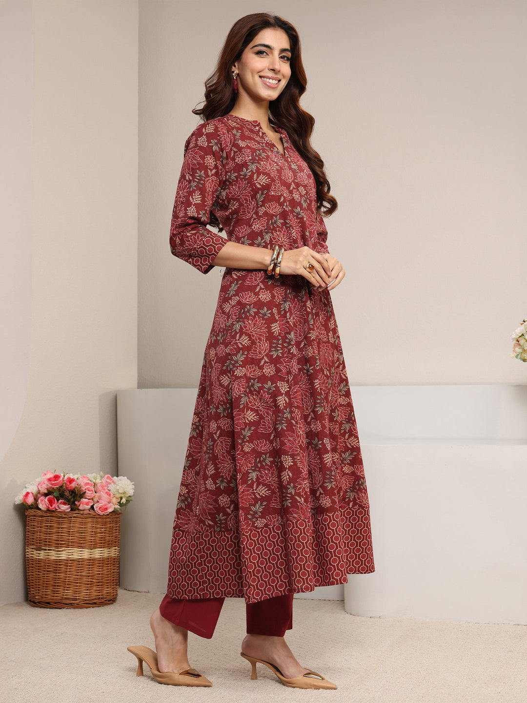  Rust Floral Printed Cotton A-Line Suit Set With Dupatta 