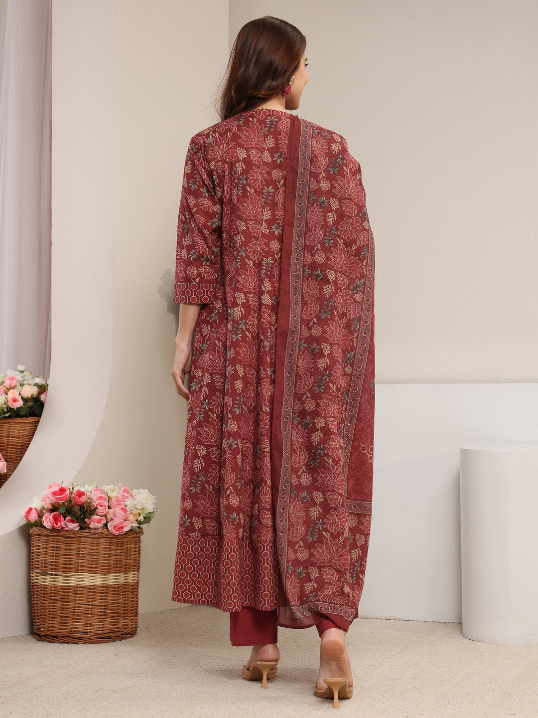  Rust Floral Printed Cotton A-Line Suit Set With Dupatta 