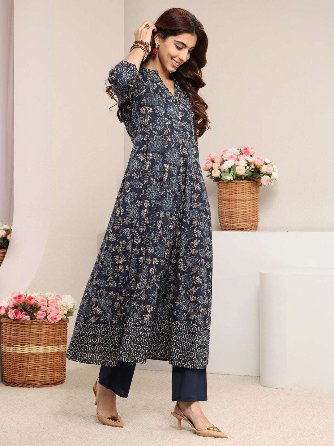  Blue Floral Printed Cotton A-Line Suit Set With Dupatta 