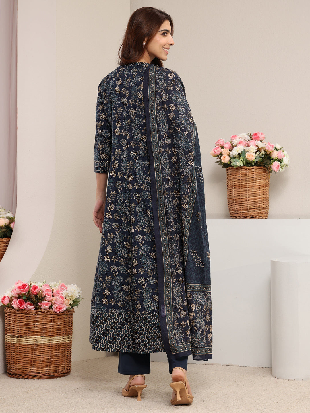  Blue Floral Printed Cotton A-Line Suit Set With Dupatta 