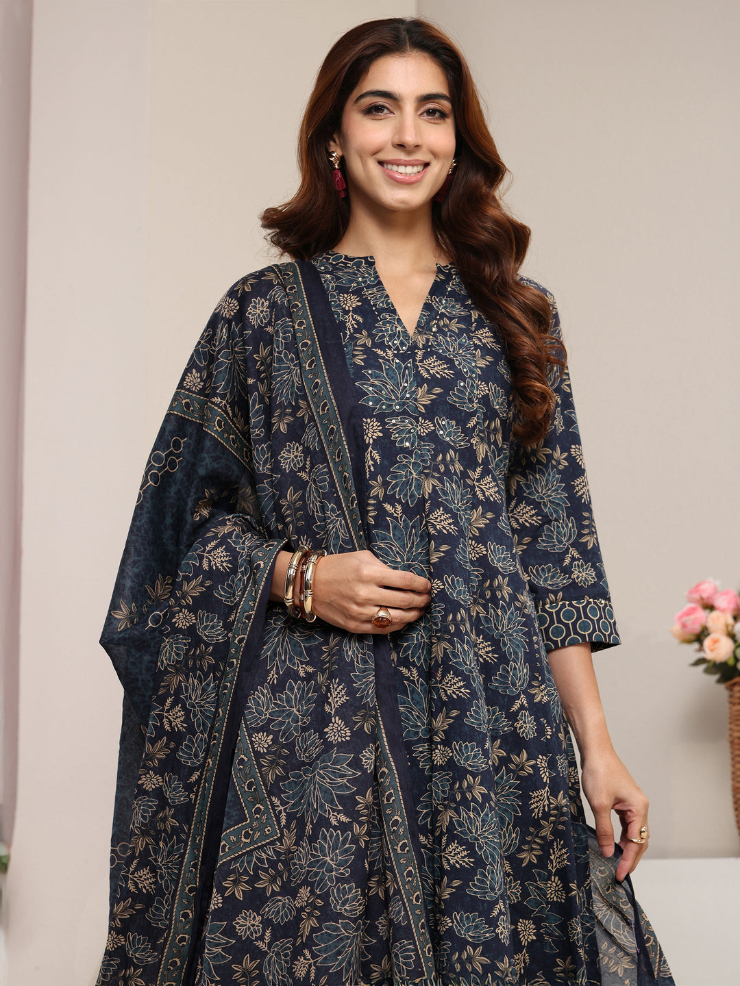  Blue Floral Printed Cotton A-Line Suit Set With Dupatta 