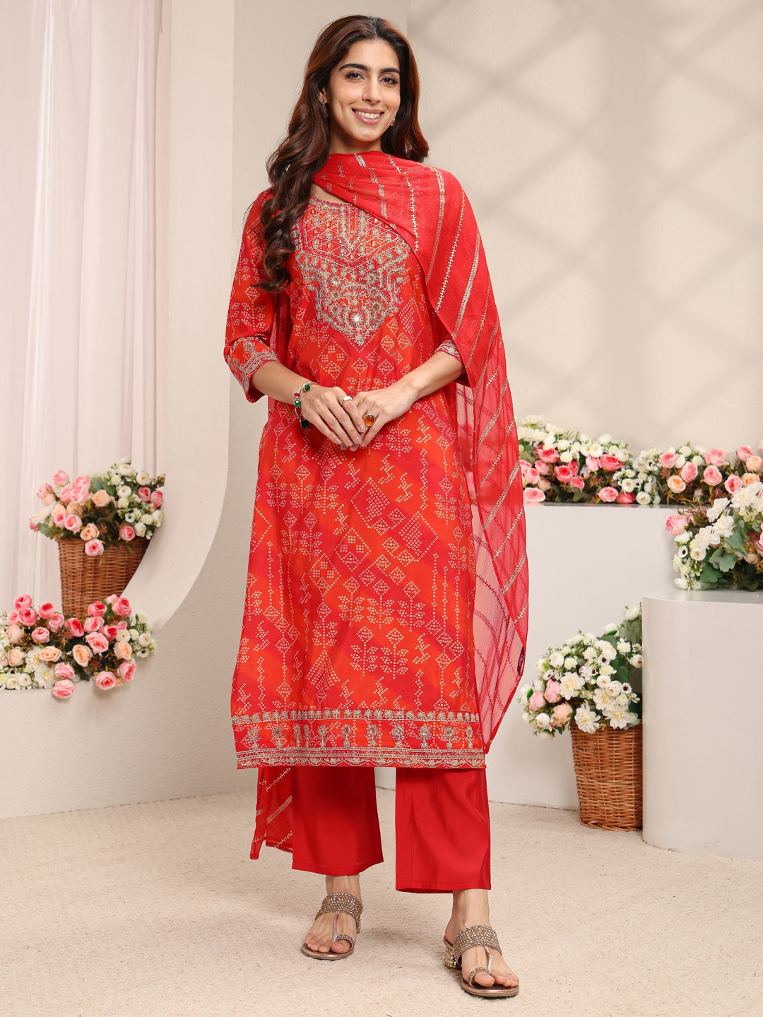  Orange Bandhani Printed Silk Blend Straight Suit Set With Dupatta 