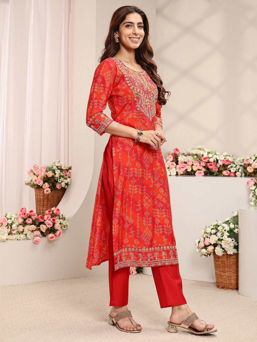  Orange Bandhani Printed Silk Blend Straight Suit Set With Dupatta 