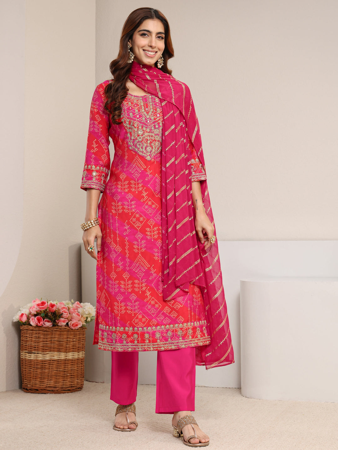  Pink Bandhani Printed Silk Blend Straight Suit Set With Dupatta 