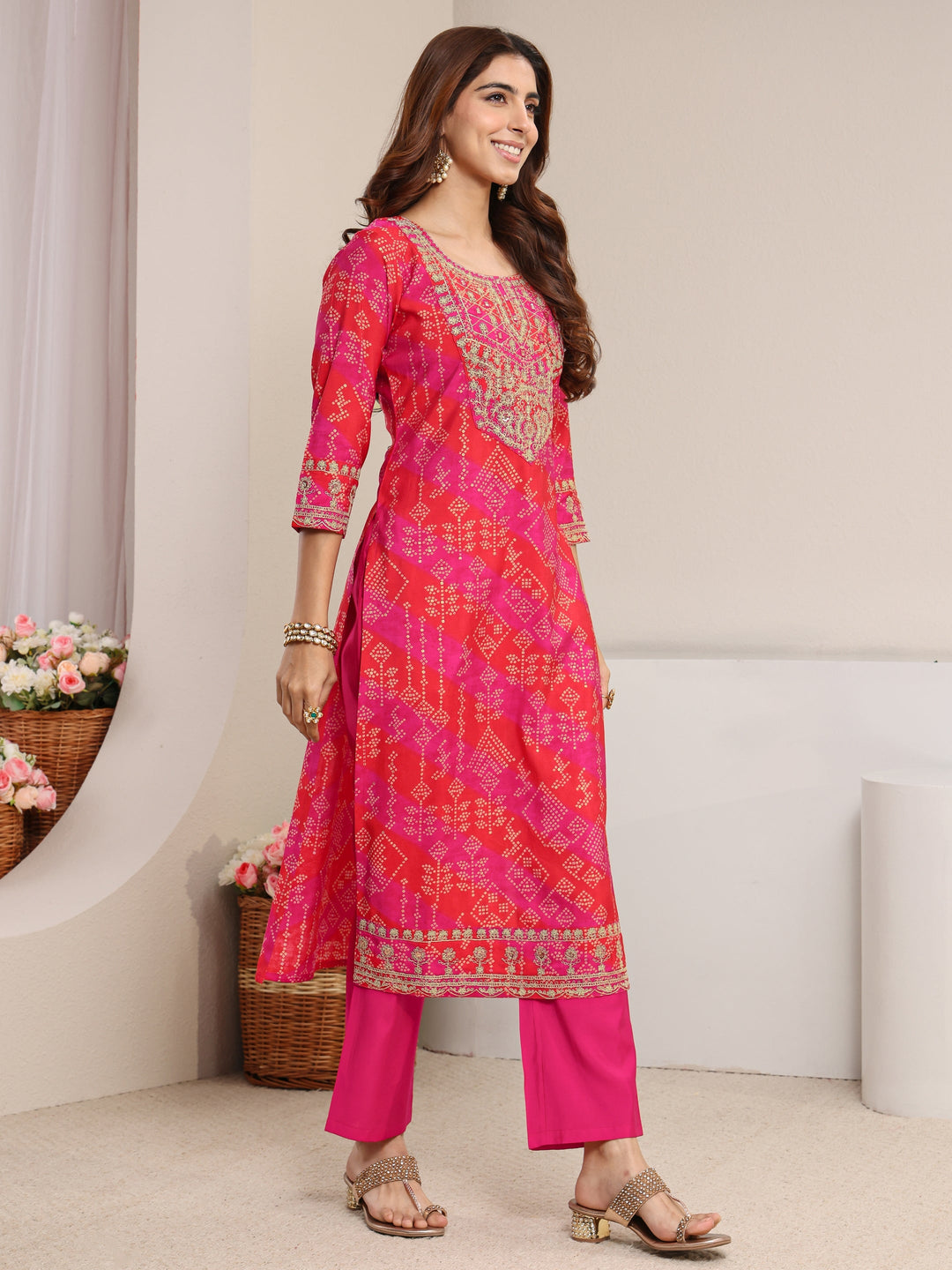  Pink Bandhani Printed Silk Blend Straight Suit Set With Dupatta 