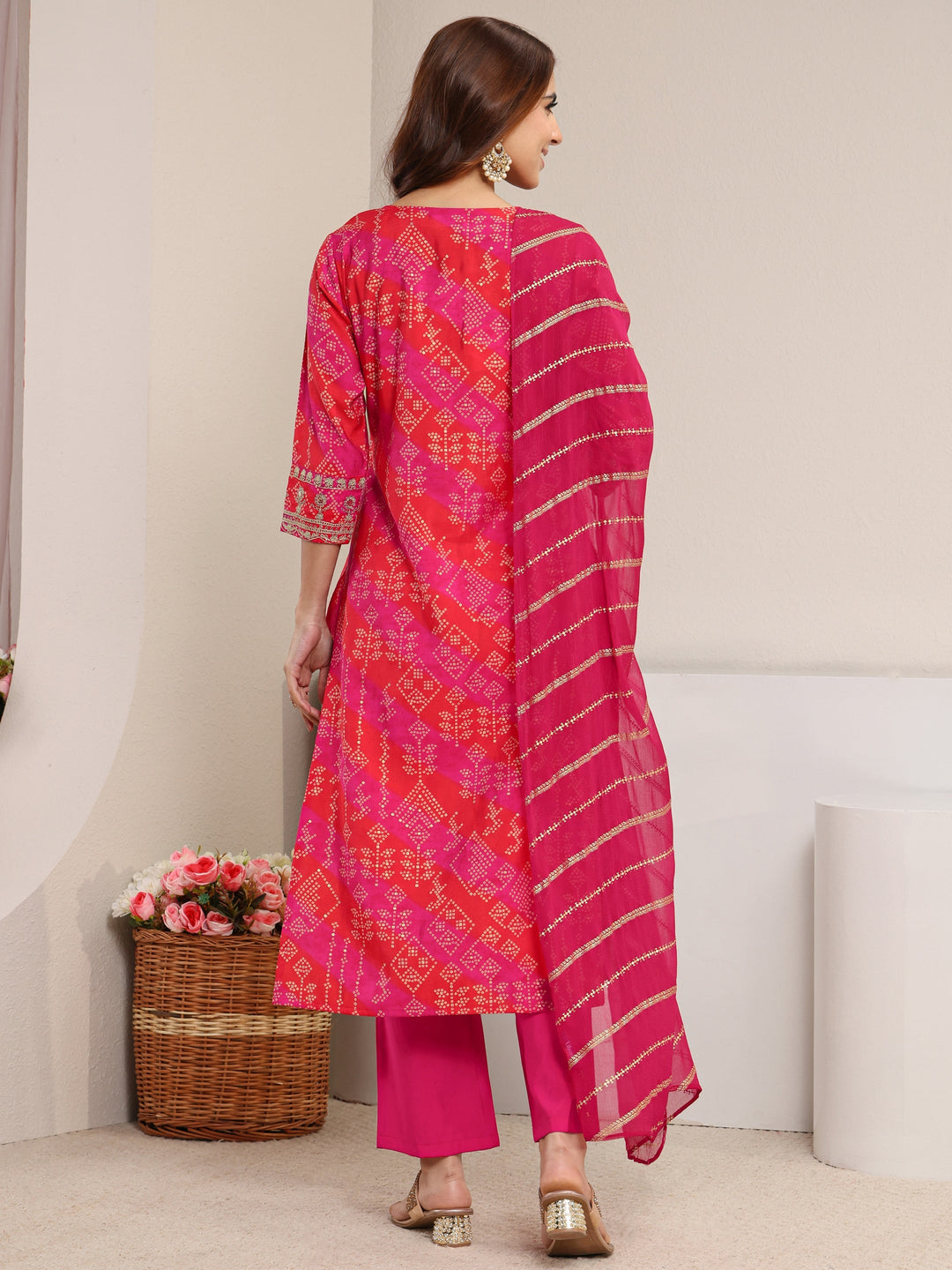  Pink Bandhani Printed Silk Blend Straight Suit Set With Dupatta 