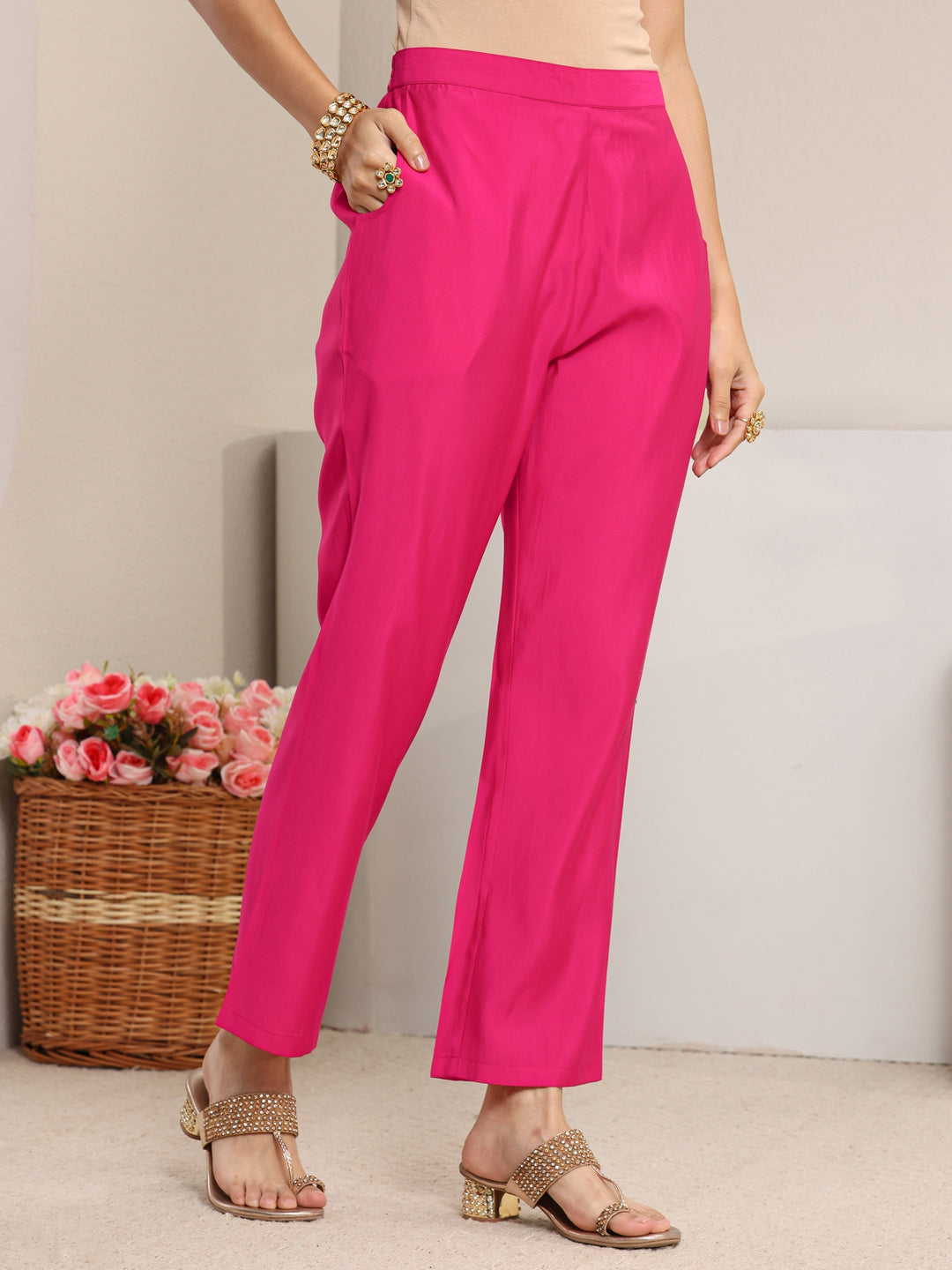  Pink Bandhani Printed Silk Blend Straight Suit Set With Dupatta 