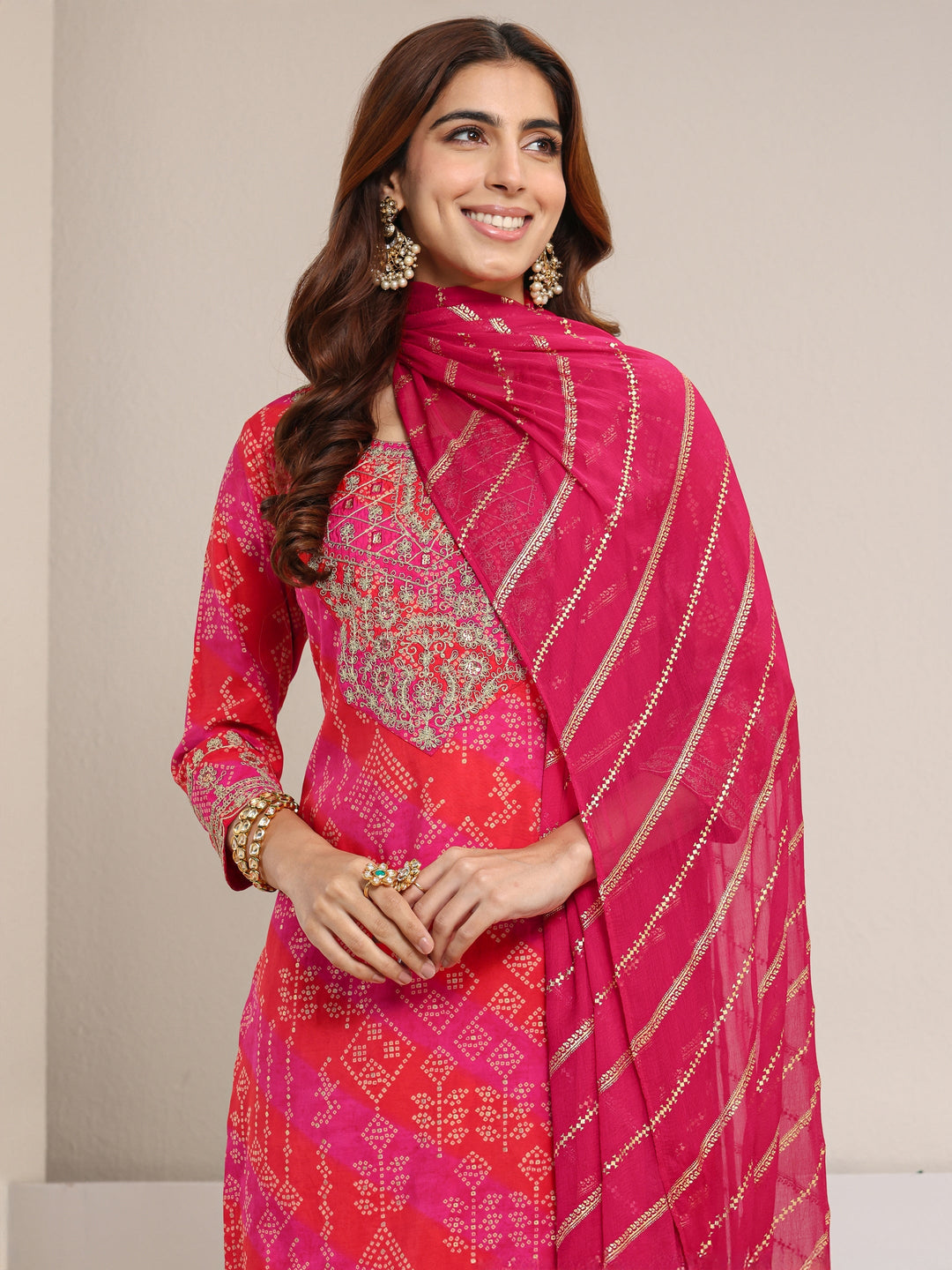  Pink Bandhani Printed Silk Blend Straight Suit Set With Dupatta 
