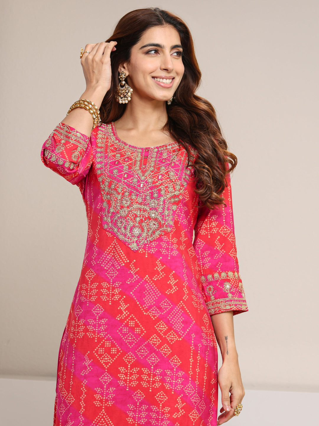  Pink Bandhani Printed Silk Blend Straight Suit Set With Dupatta 