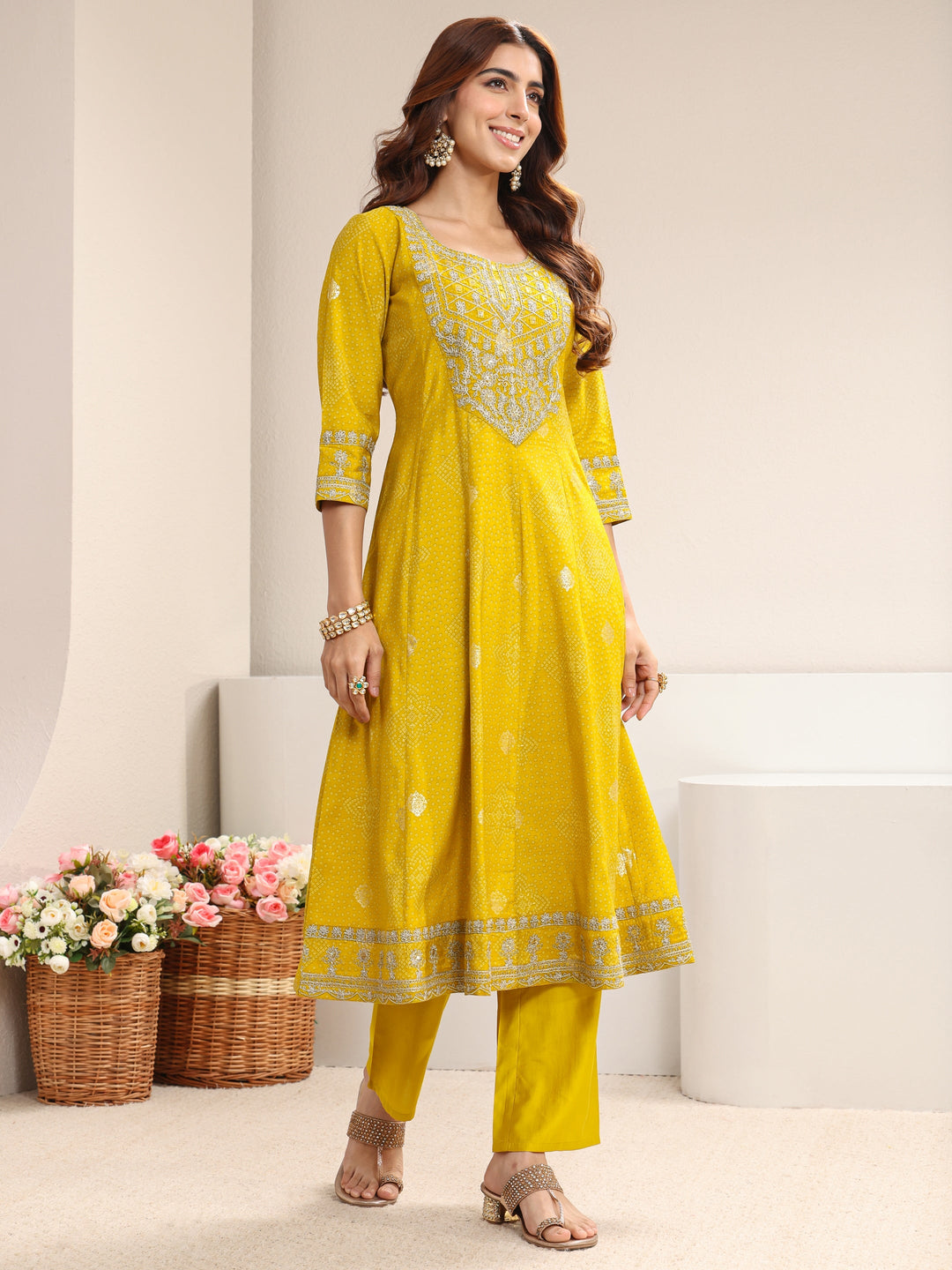  Yellow Bandhani Printed Silk Blend A-Line Suit Set With Dupatta 