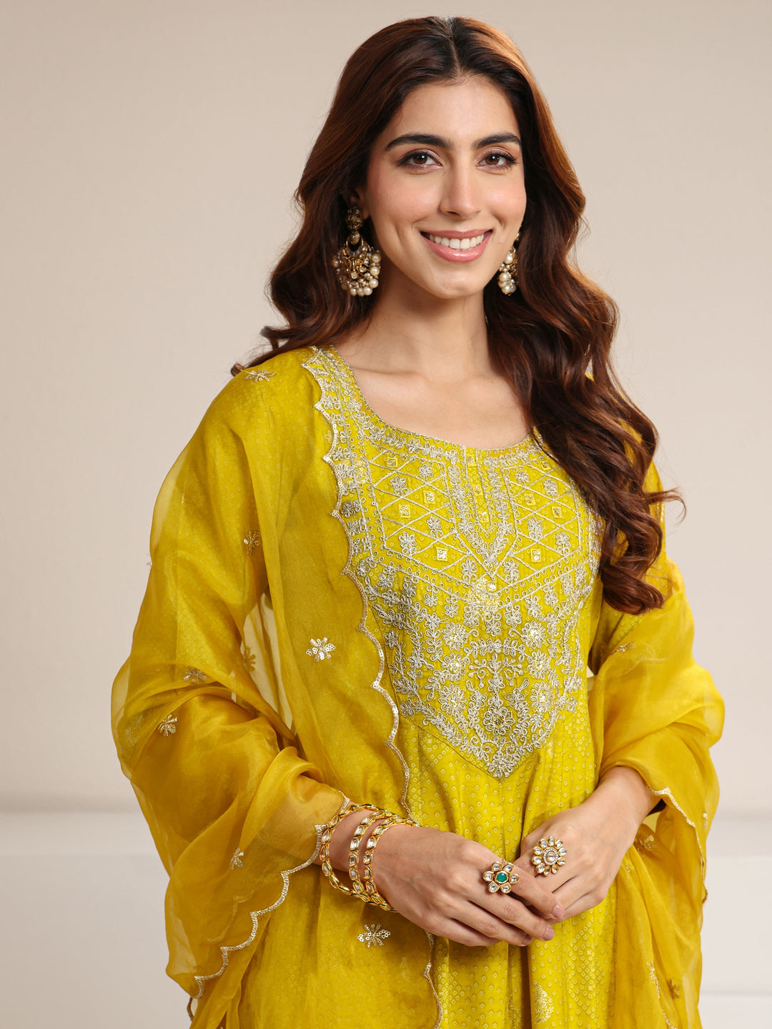  Yellow Bandhani Printed Silk Blend A-Line Suit Set With Dupatta 