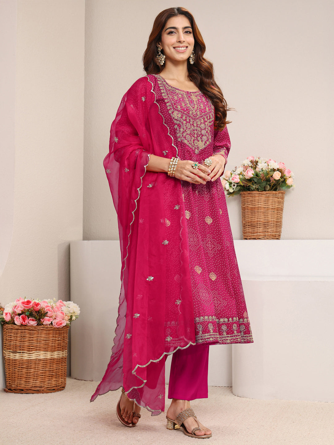  Pink Bandhani Printed Silk Blend A-Line Suit Set With Dupatta 
