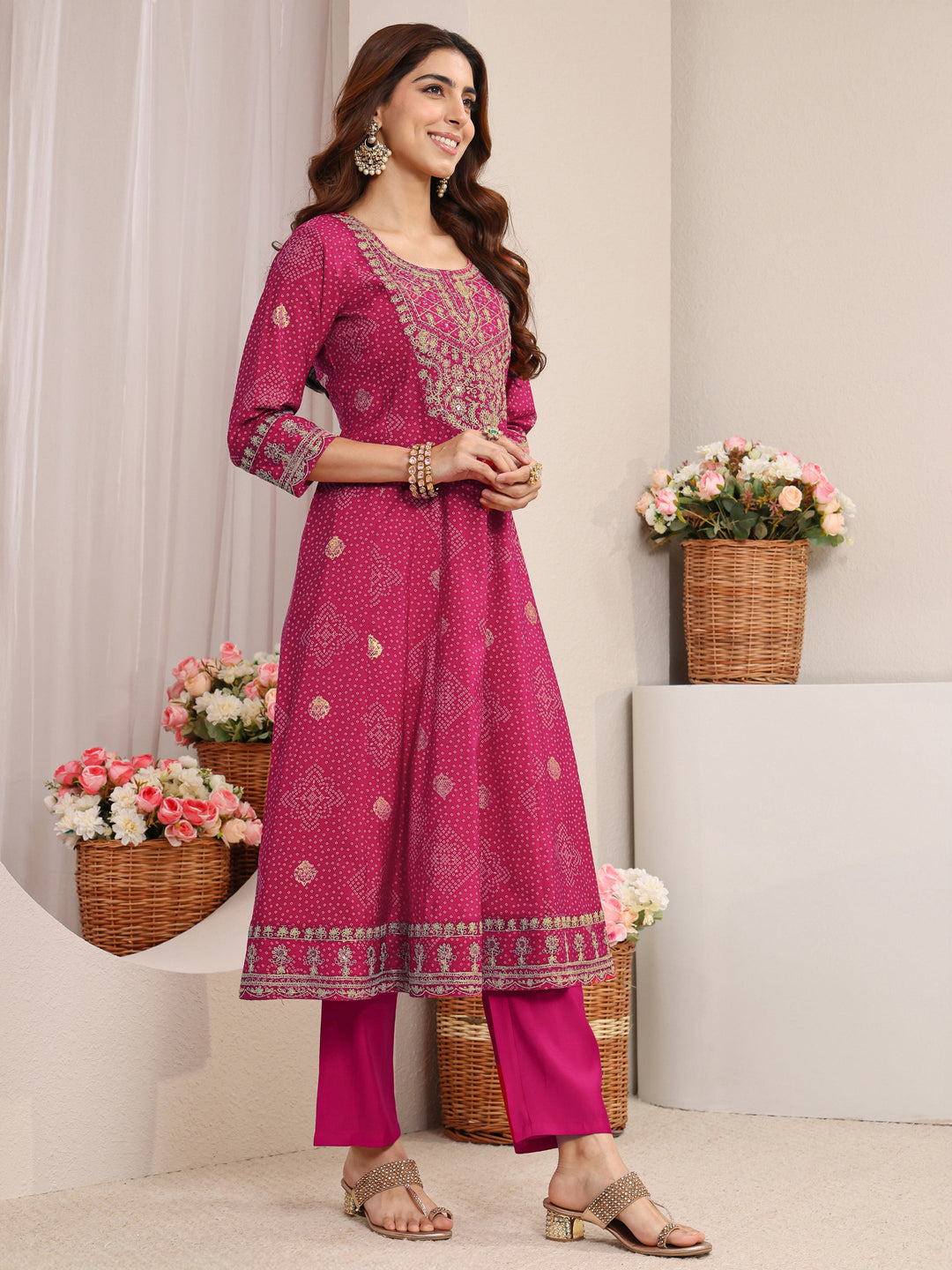  Pink Bandhani Printed Silk Blend A-Line Suit Set With Dupatta 