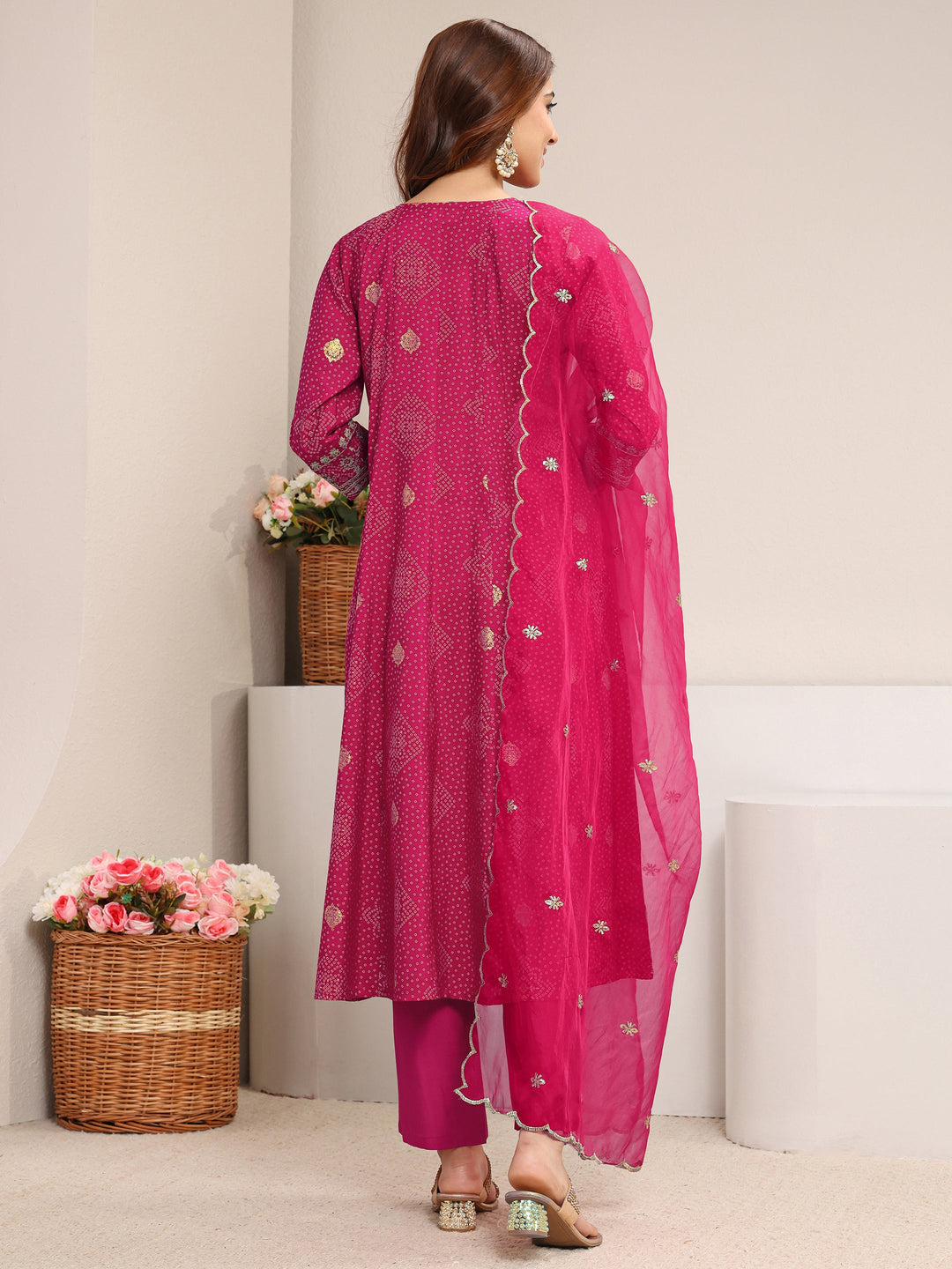  Pink Bandhani Printed Silk Blend A-Line Suit Set With Dupatta 