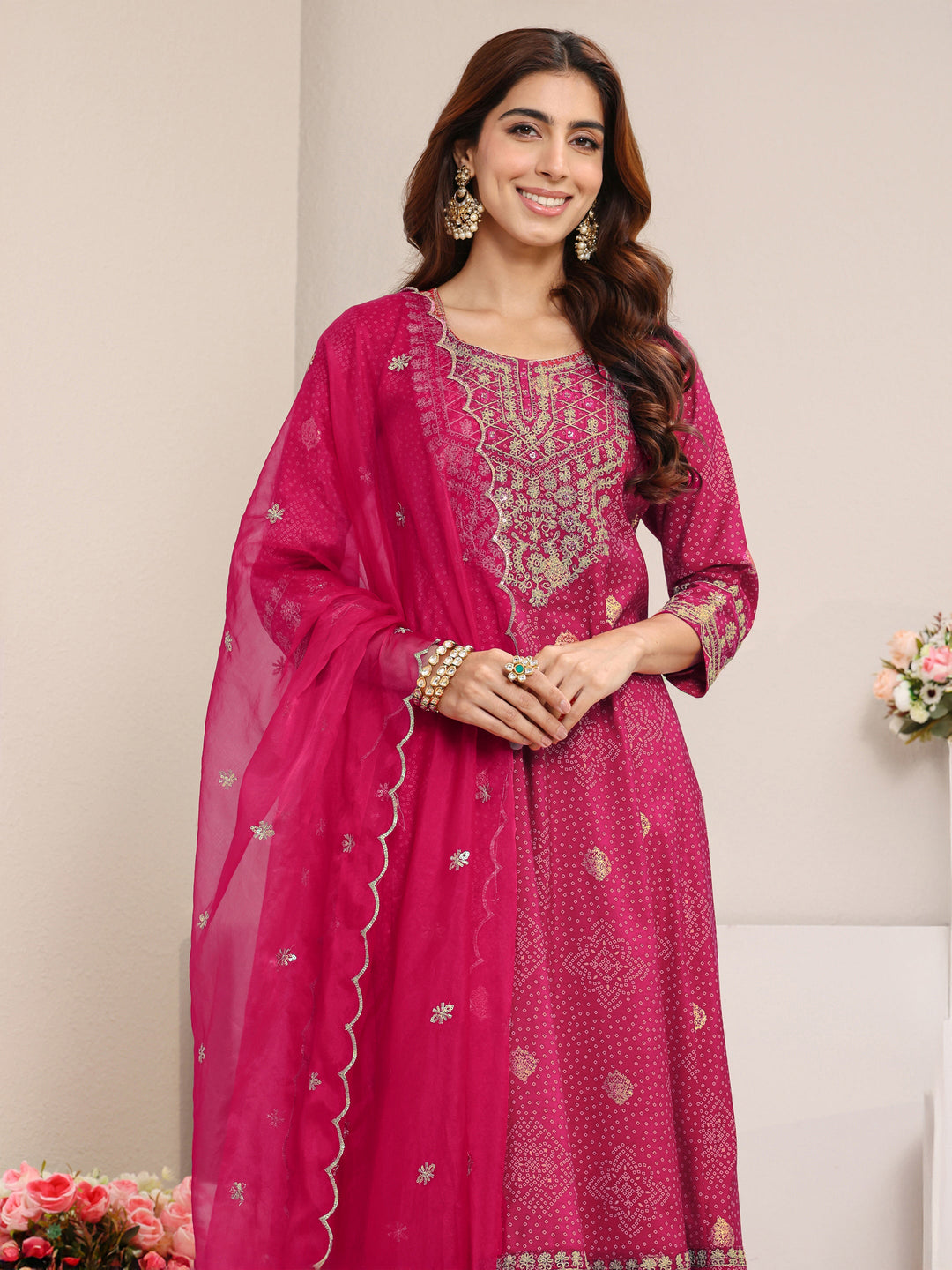  Pink Bandhani Printed Silk Blend A-Line Suit Set With Dupatta 