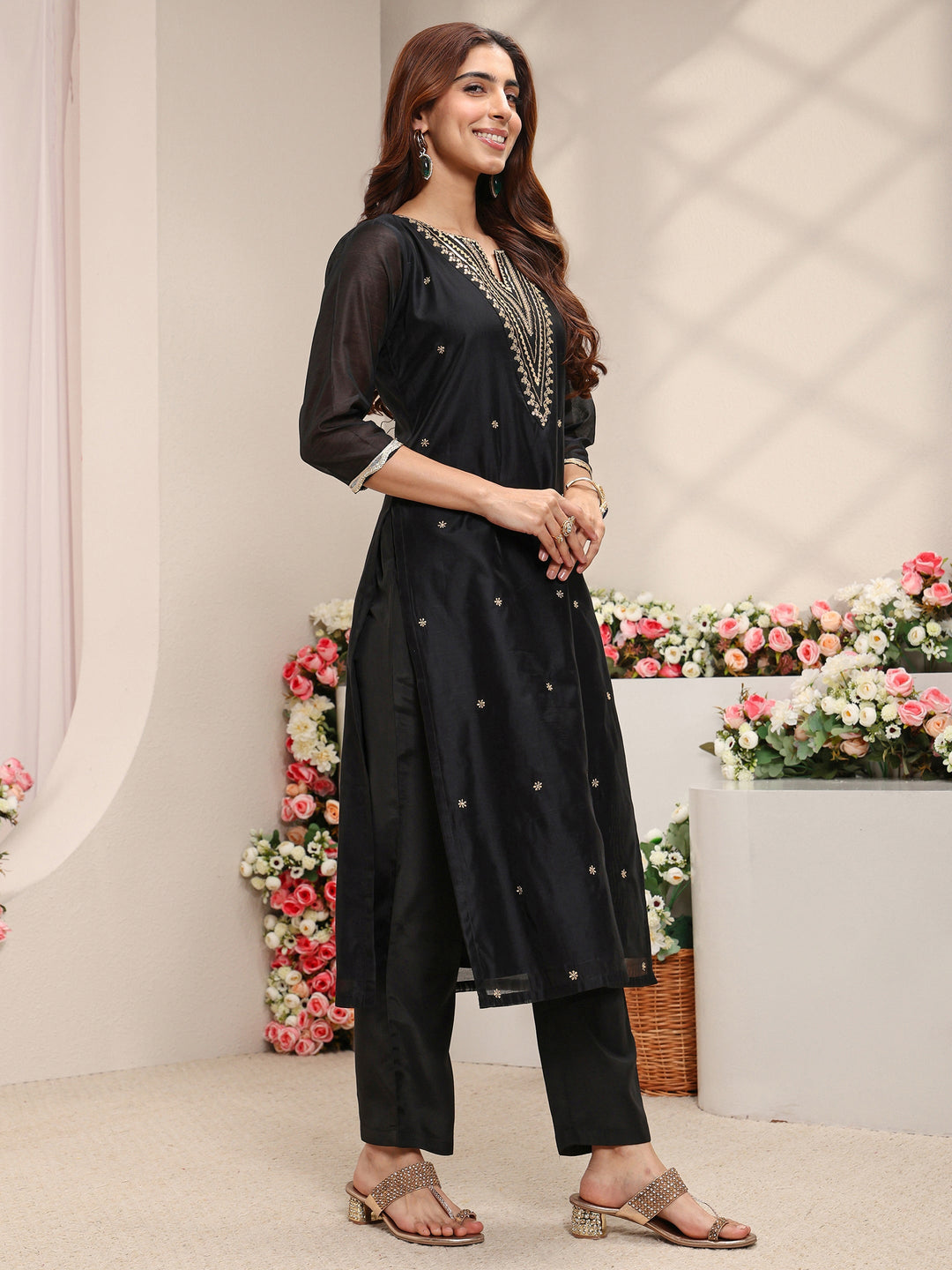  Black Embroidered Silk Blend Straight Suit Set With Dupatta 