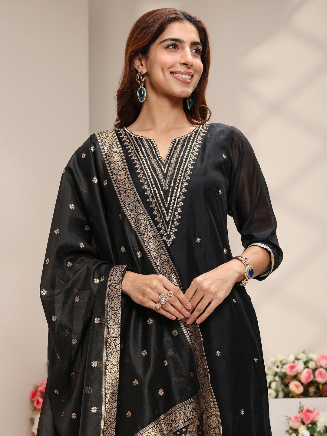  Black Embroidered Silk Blend Straight Suit Set With Dupatta 