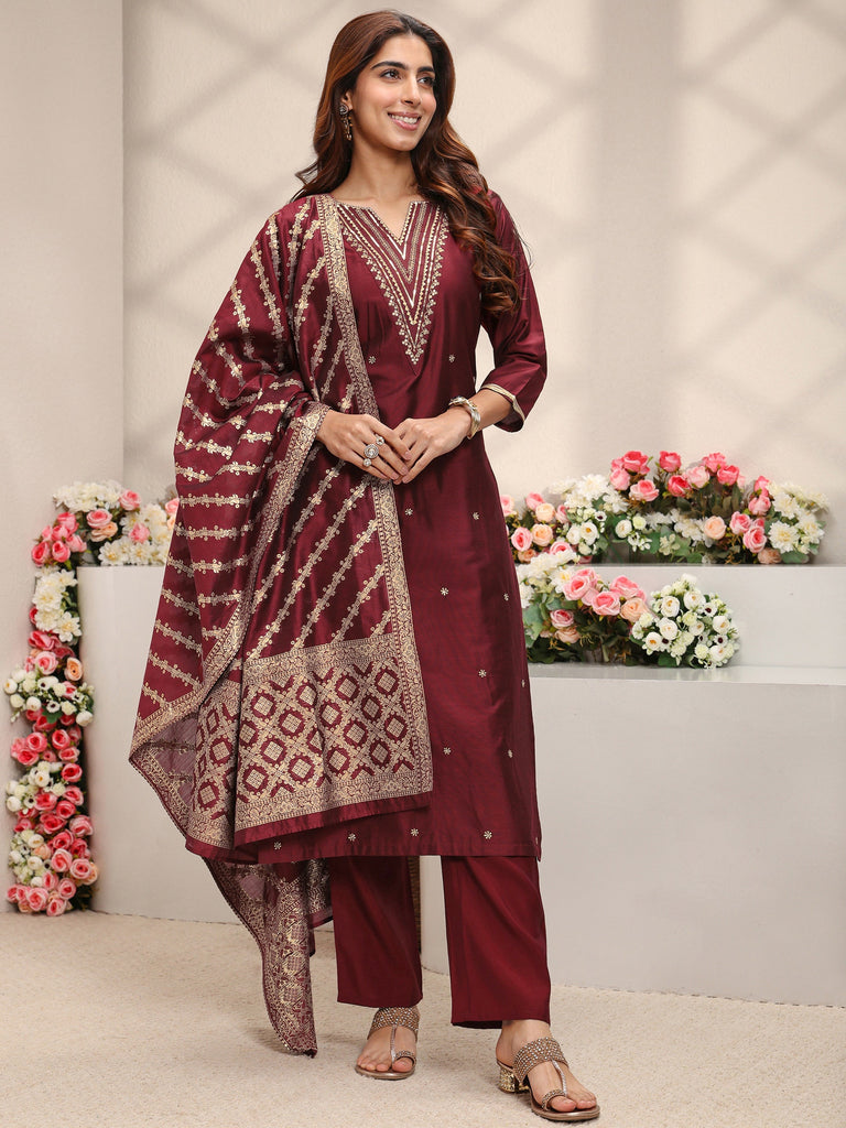 Libas Maroon Embroidered Silk Blend Straight Suit Set With Dupatta