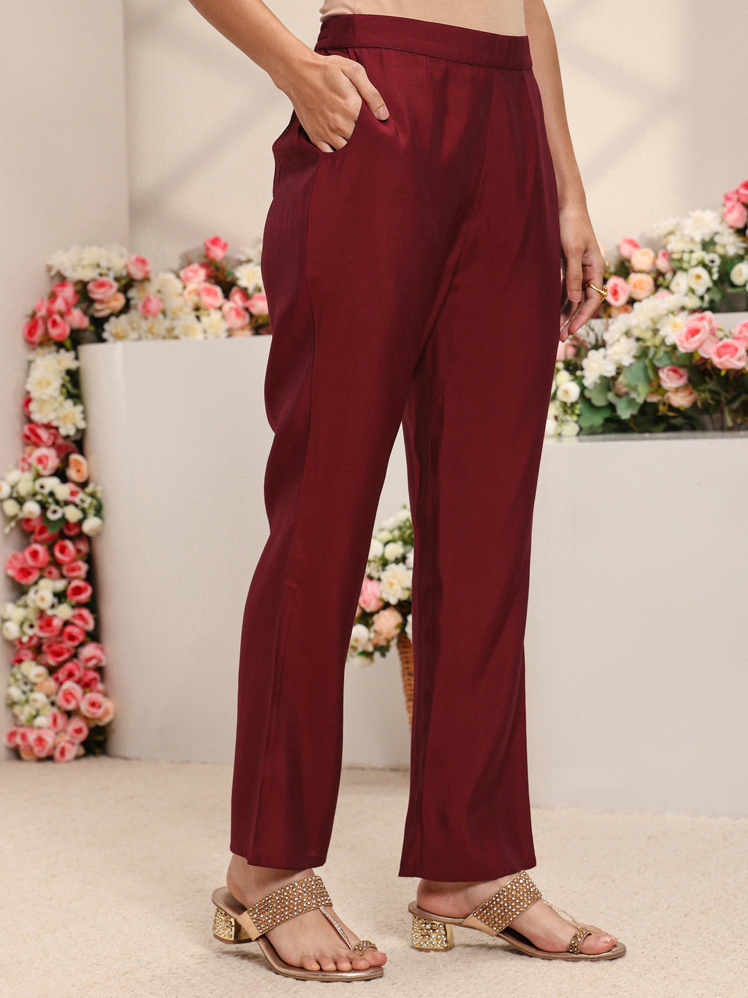 Maroon Embroidered Silk Blend Straight Suit Set With Dupatta 