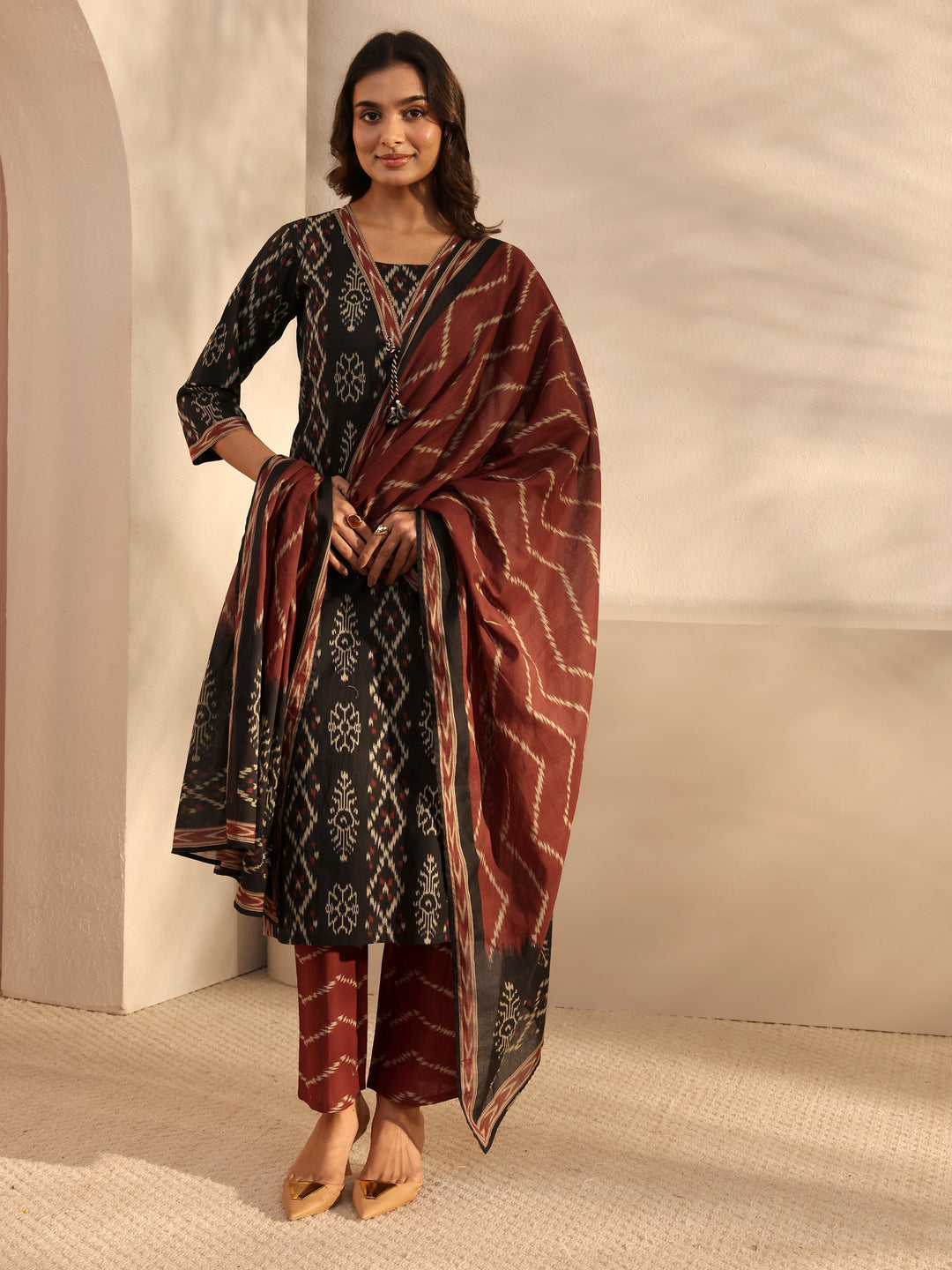  Black Ethnic Printed Cotton Straight Suit Set With Dupatta 