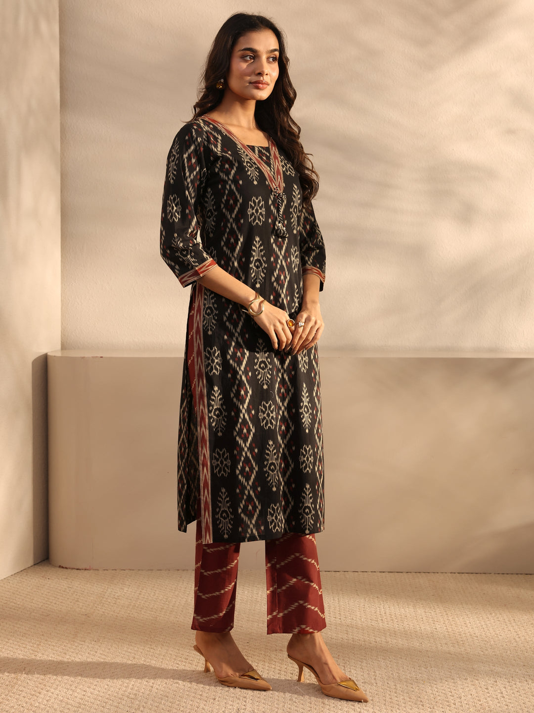  Black Ethnic Printed Cotton Straight Suit Set With Dupatta 