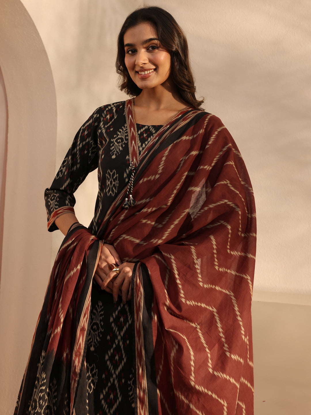  Black Ethnic Printed Cotton Straight Suit Set With Dupatta 