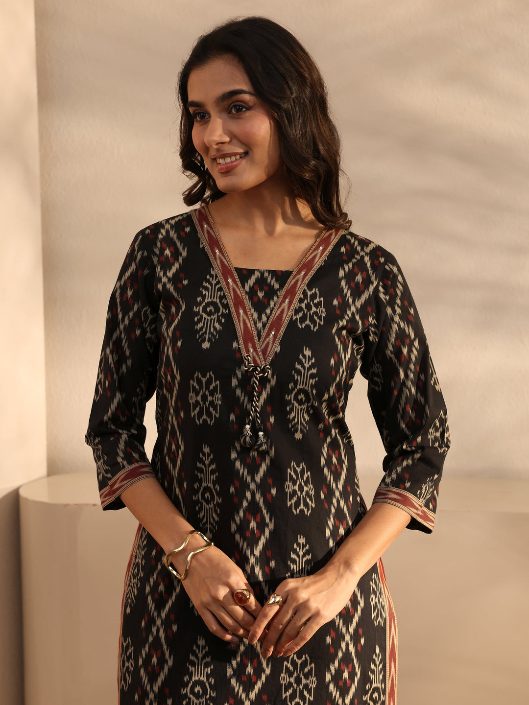  Black Ethnic Printed Cotton Straight Suit Set With Dupatta 
