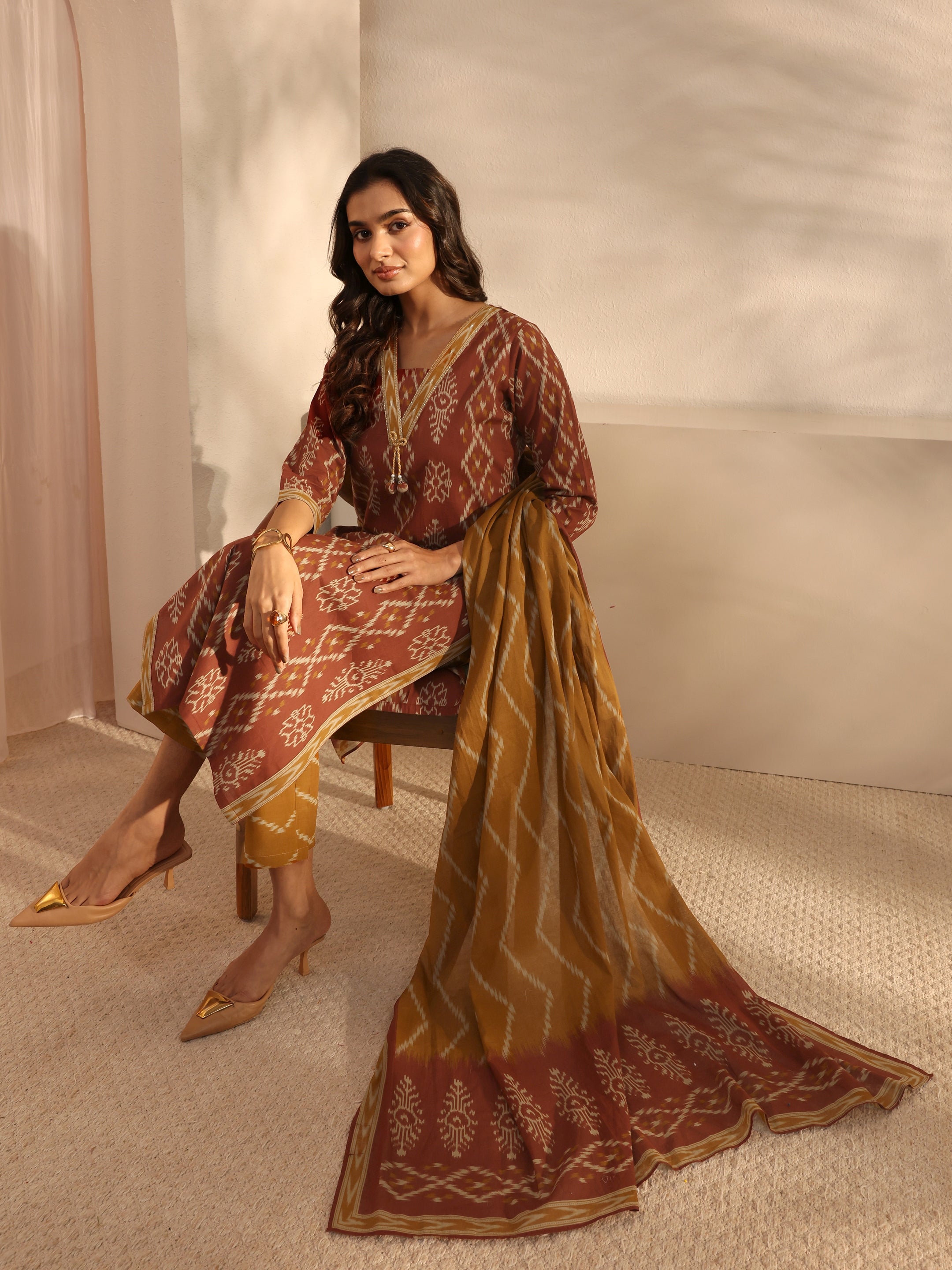 Libas Rust Ethnic Printed Cotton Straight Suit Set With Dupatta-image-7