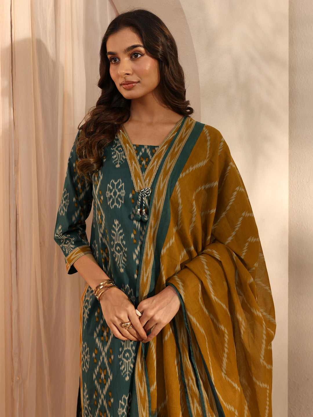  Green Ethnic Printed Cotton Straight Suit Set With Dupatta 