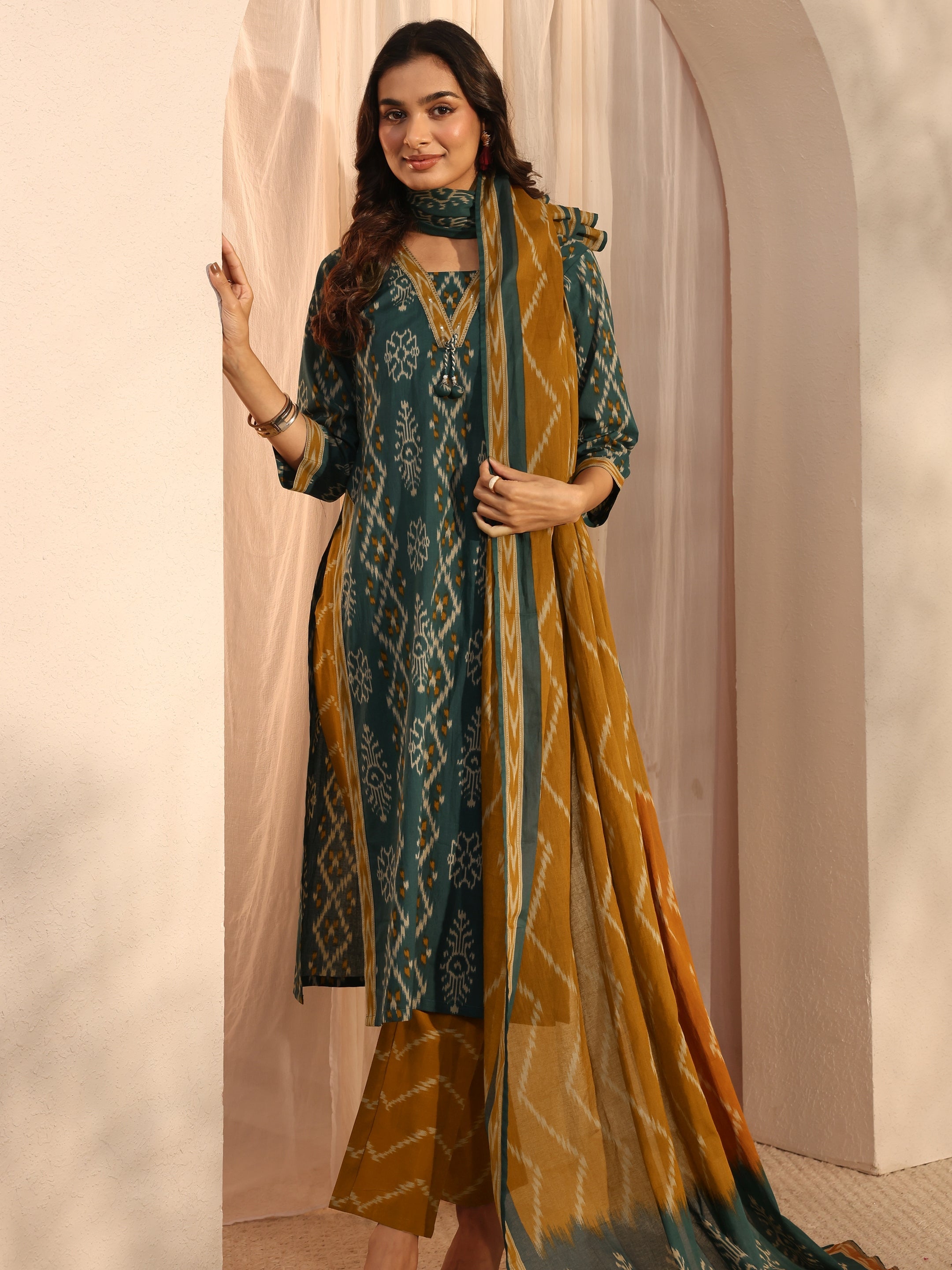 Libas Green Ethnic Printed Cotton Straight Suit Set With Dupatta-image-8