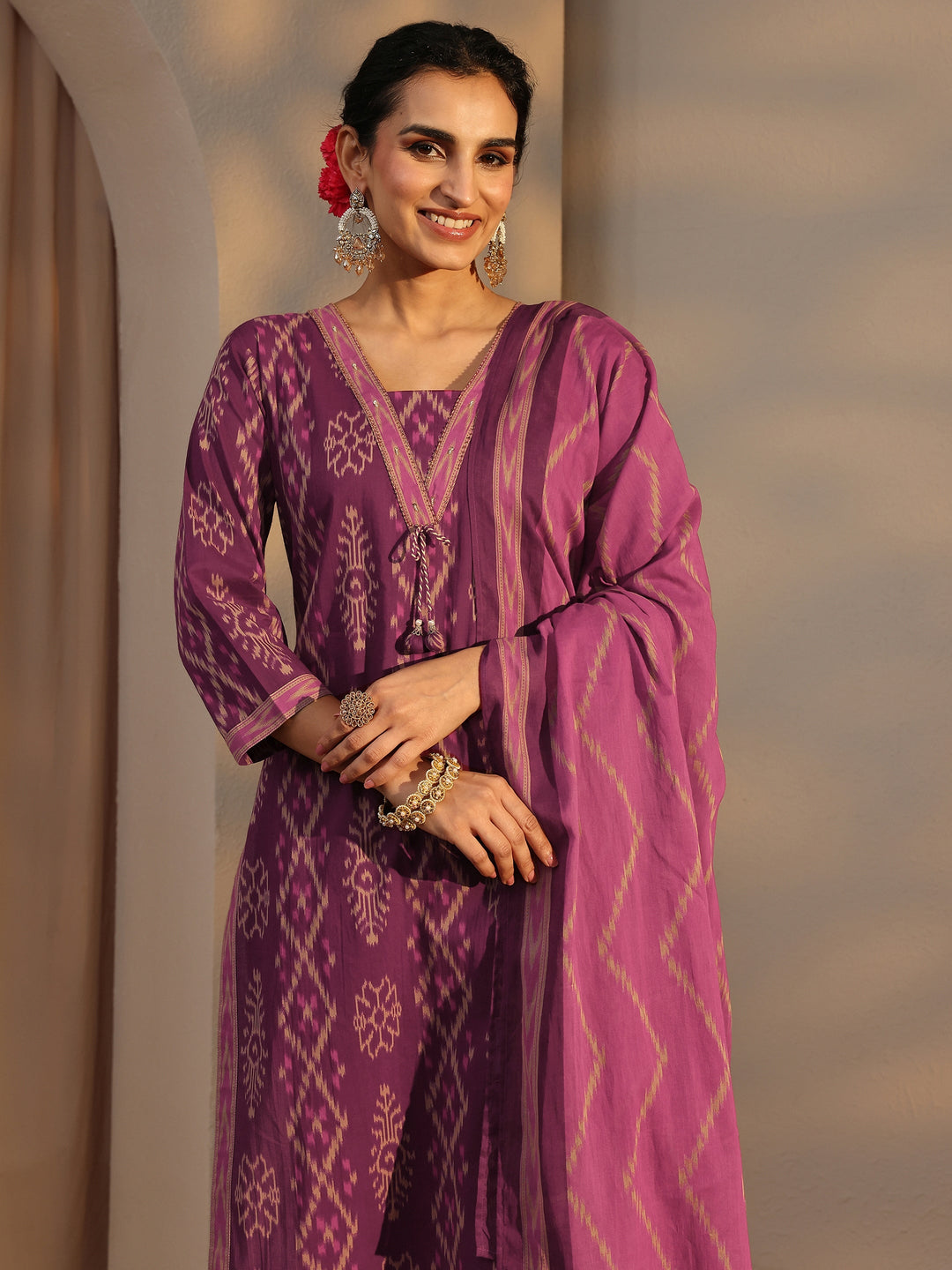  Purple Printed Cotton Straight Suit Set With Dupatta 