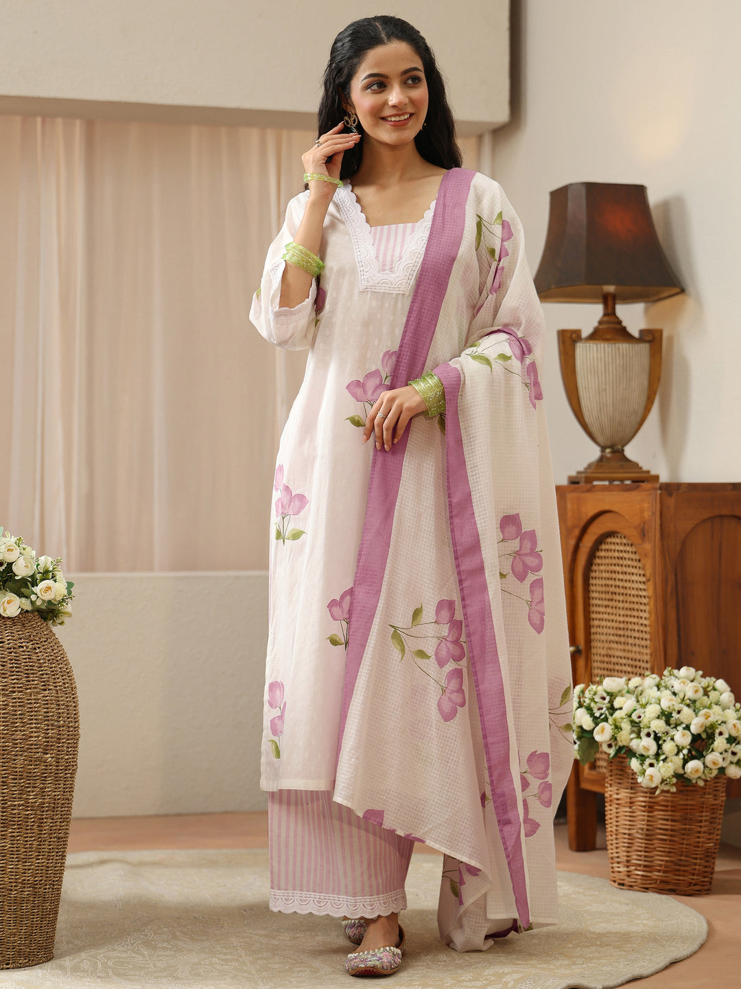  White Floral Printed Cotton Straight Suit Set 