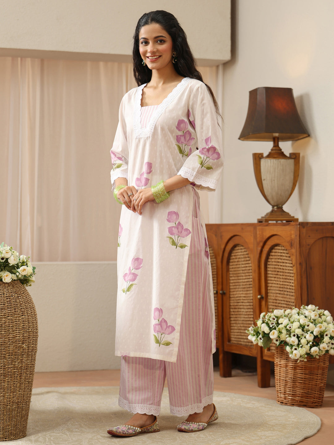  White Floral Printed Cotton Straight Suit Set 