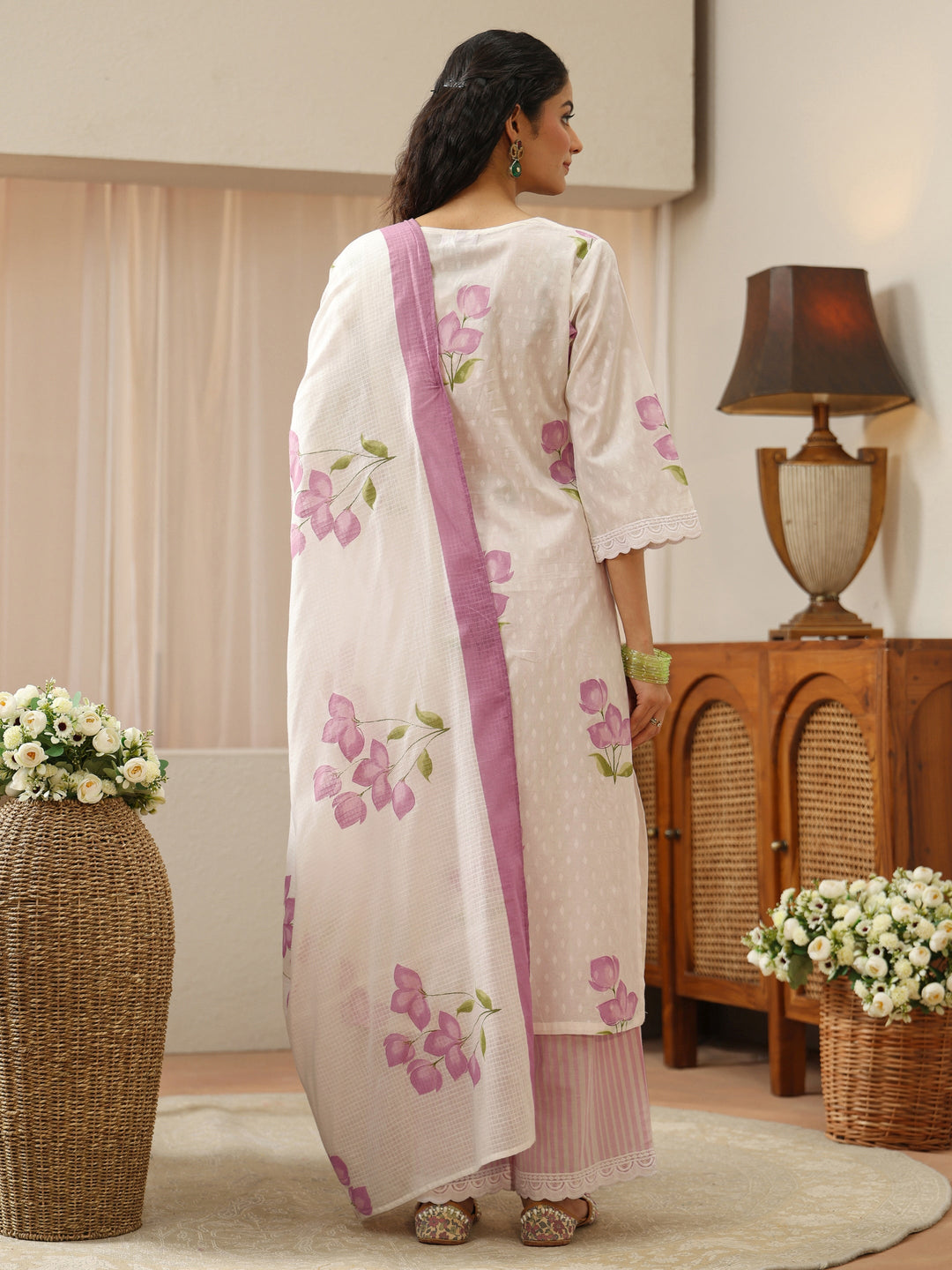  White Floral Printed Cotton Straight Suit Set 