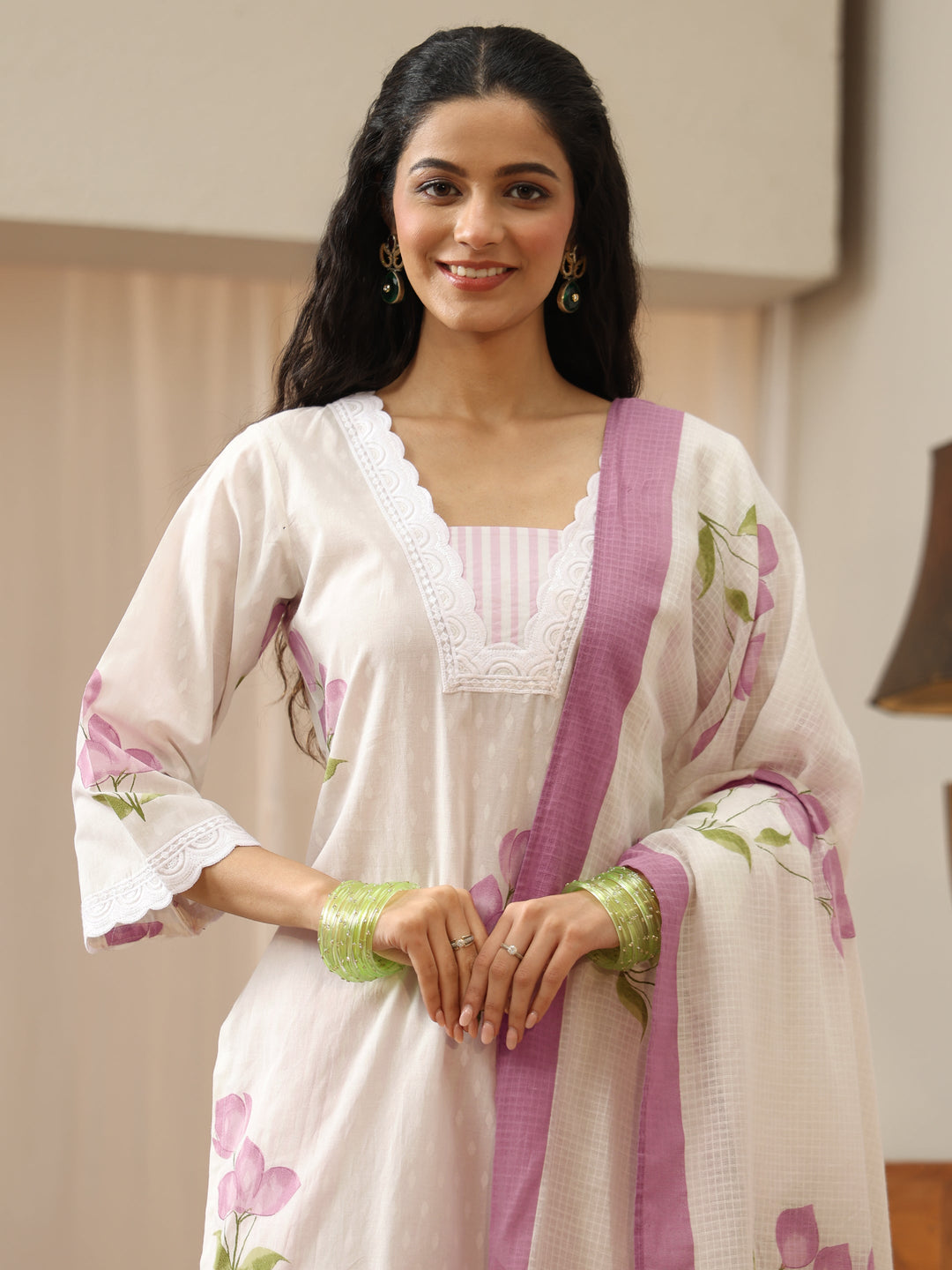  White Floral Printed Cotton Straight Suit Set 