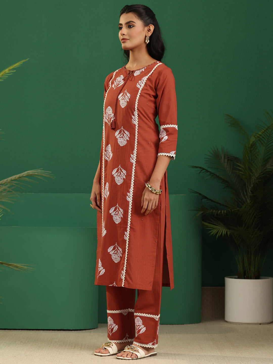  Libas Burnt Orange Floral Printed Cotton Straight Suit Set 