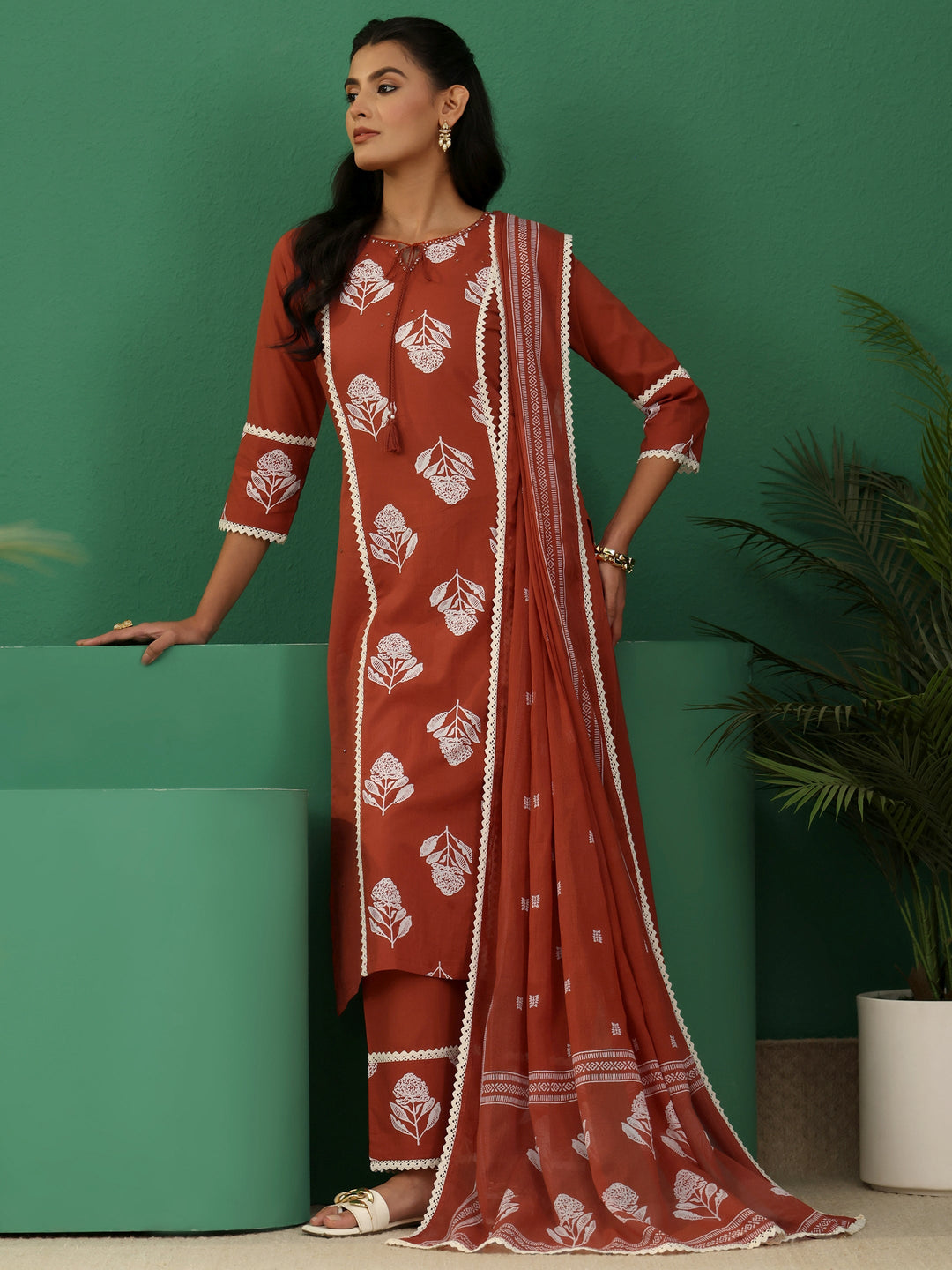  Libas Burnt Orange Floral Printed Cotton Straight Suit Set 