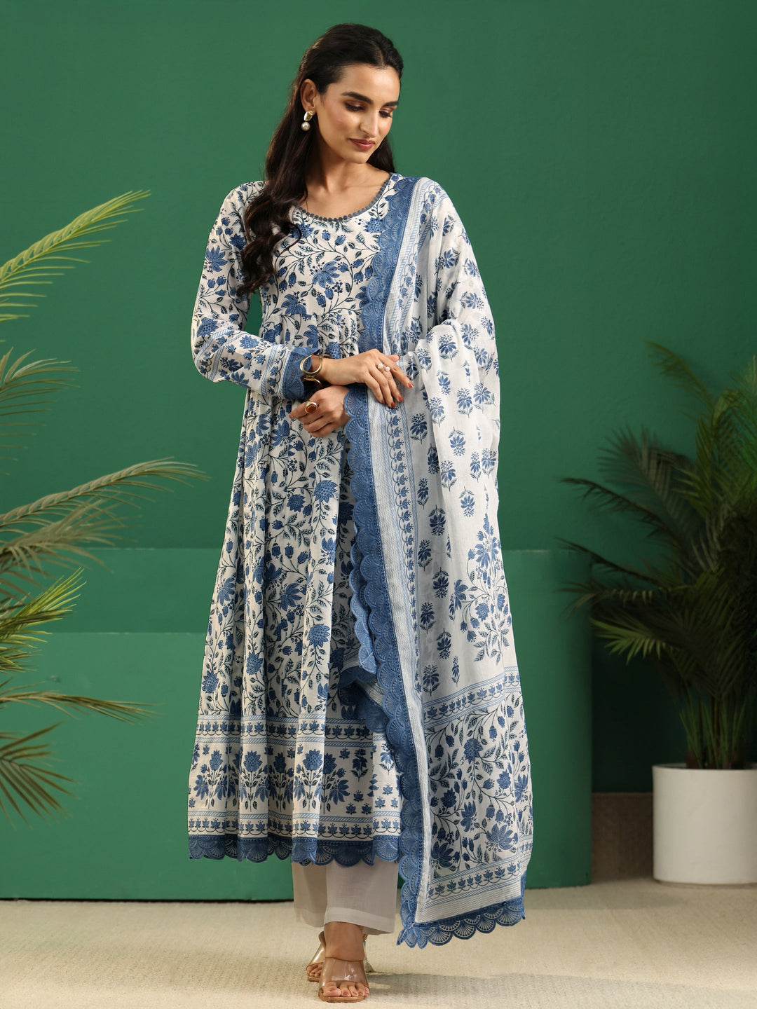  Libas White Floral Printed Cotton Anarkali Suit Set 