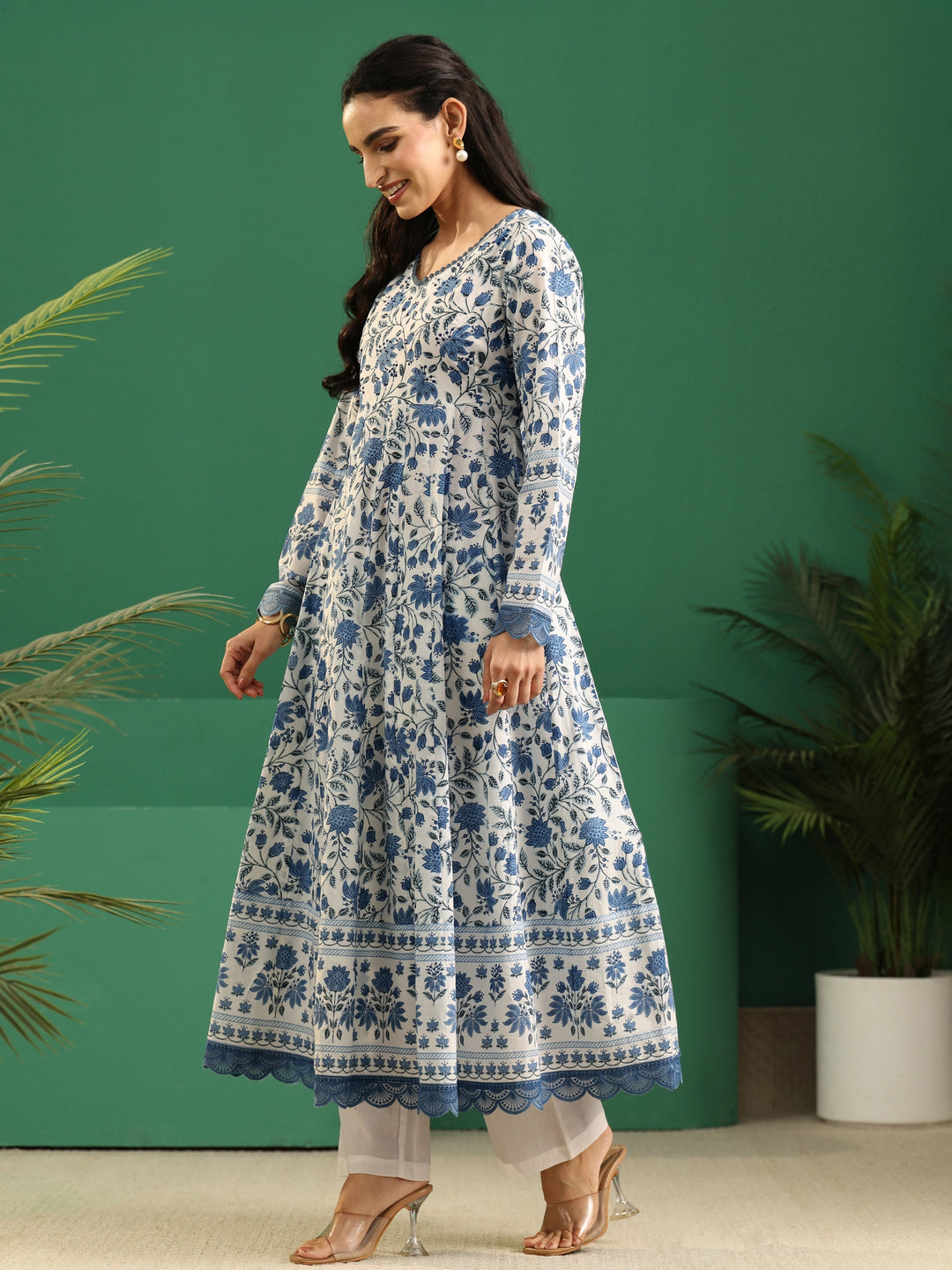  Libas White Floral Printed Cotton Anarkali Suit Set 