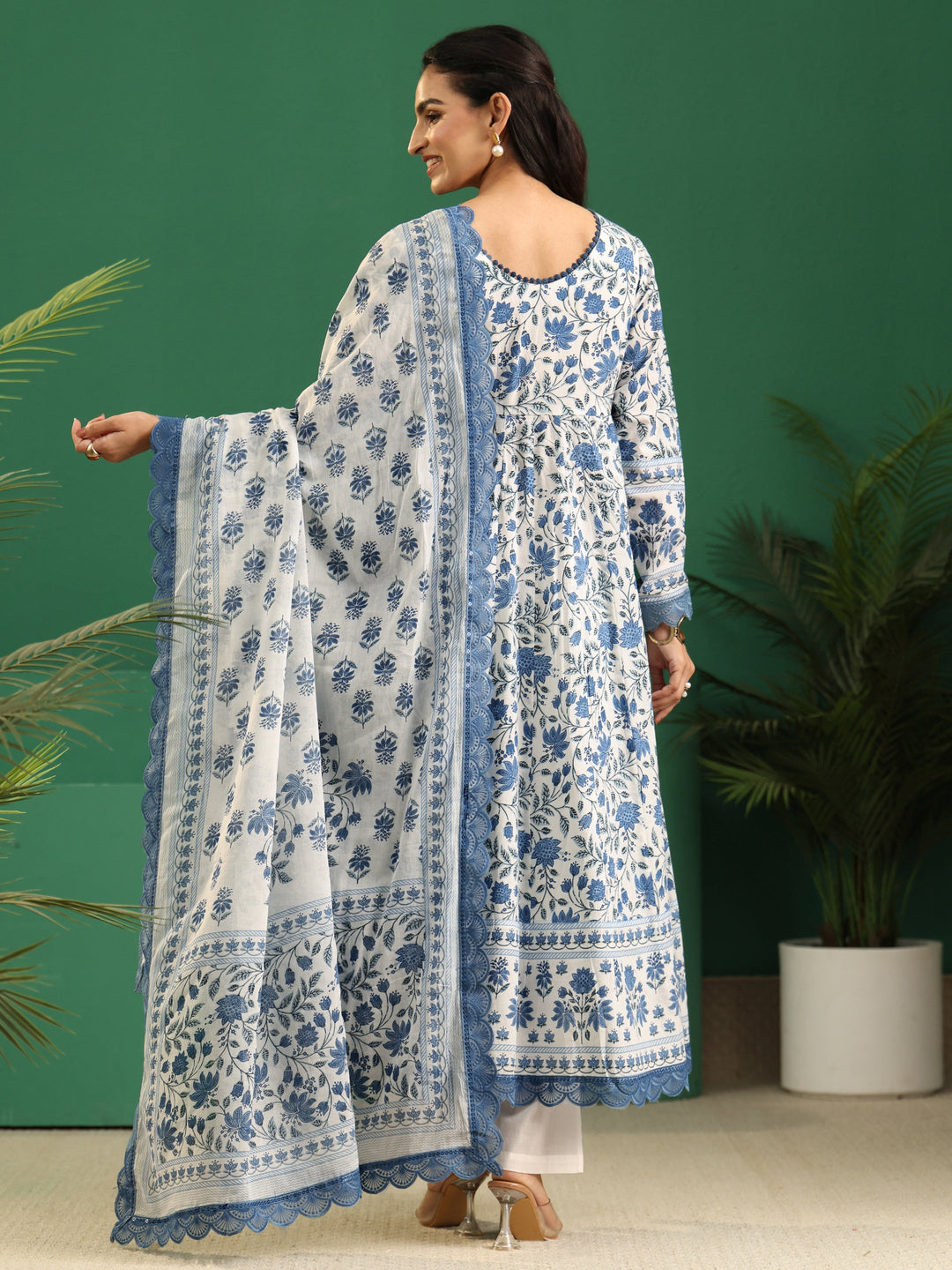  Libas White Floral Printed Cotton Anarkali Suit Set 