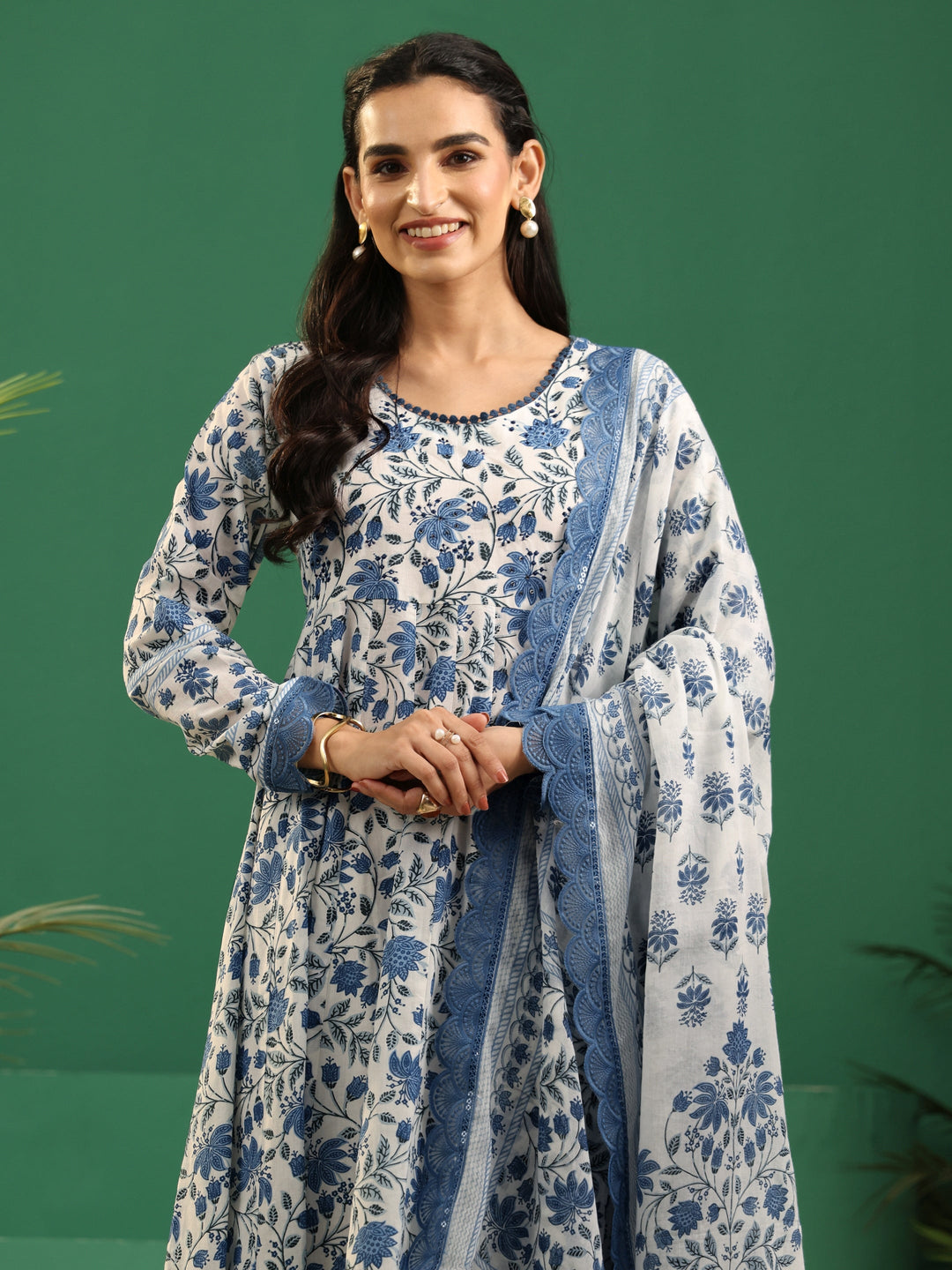  Libas White Floral Printed Cotton Anarkali Suit Set 