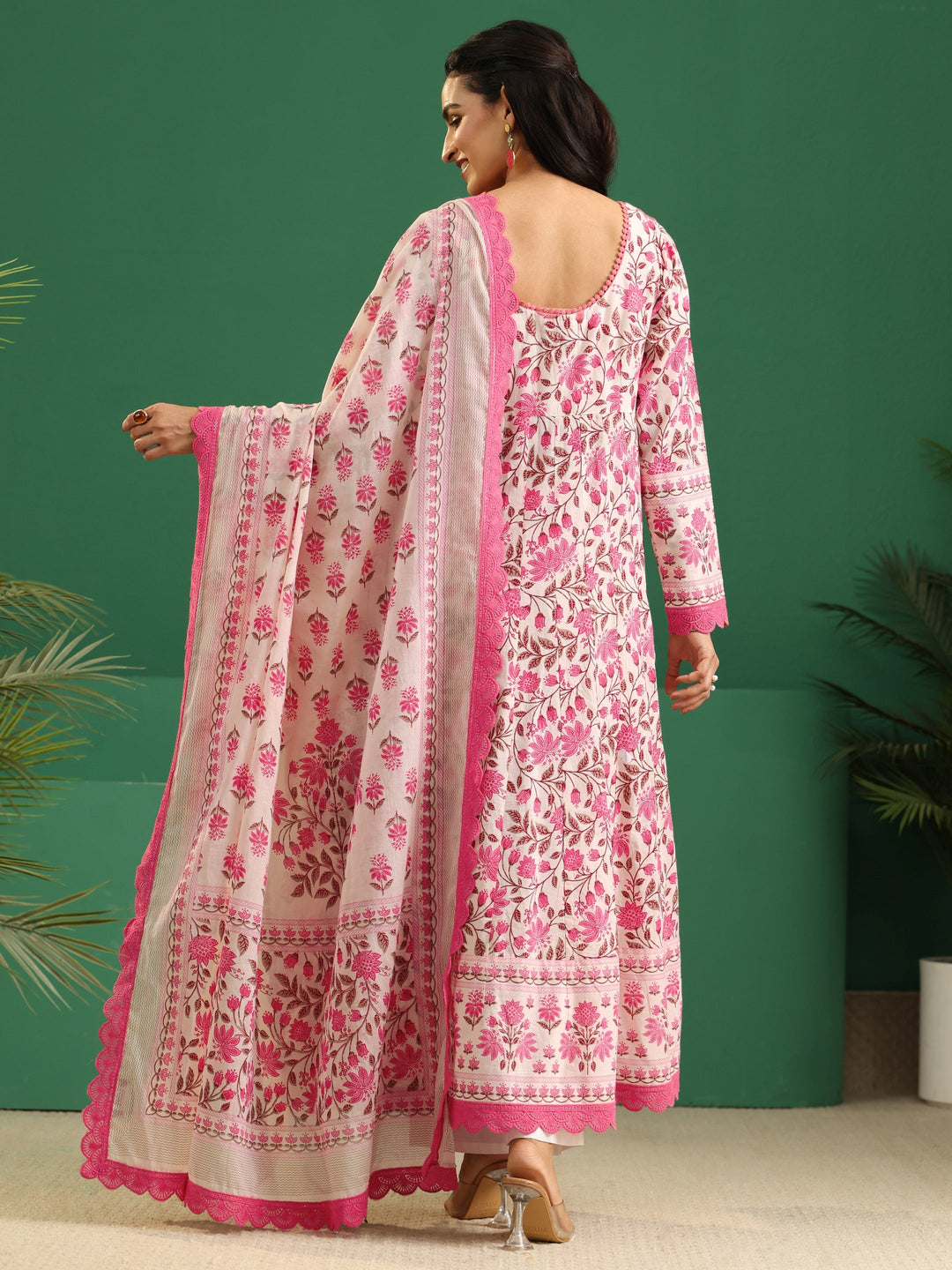  Libas Cream Floral Printed Cotton Anarkali Suit Set 