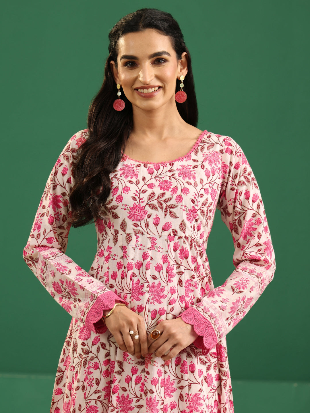  Libas Cream Floral Printed Cotton Anarkali Suit Set 
