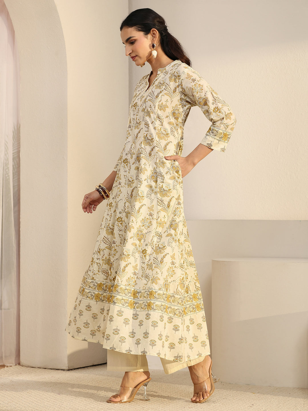  Libas Off White Floral Printed Cotton Anarkali Suit Set 