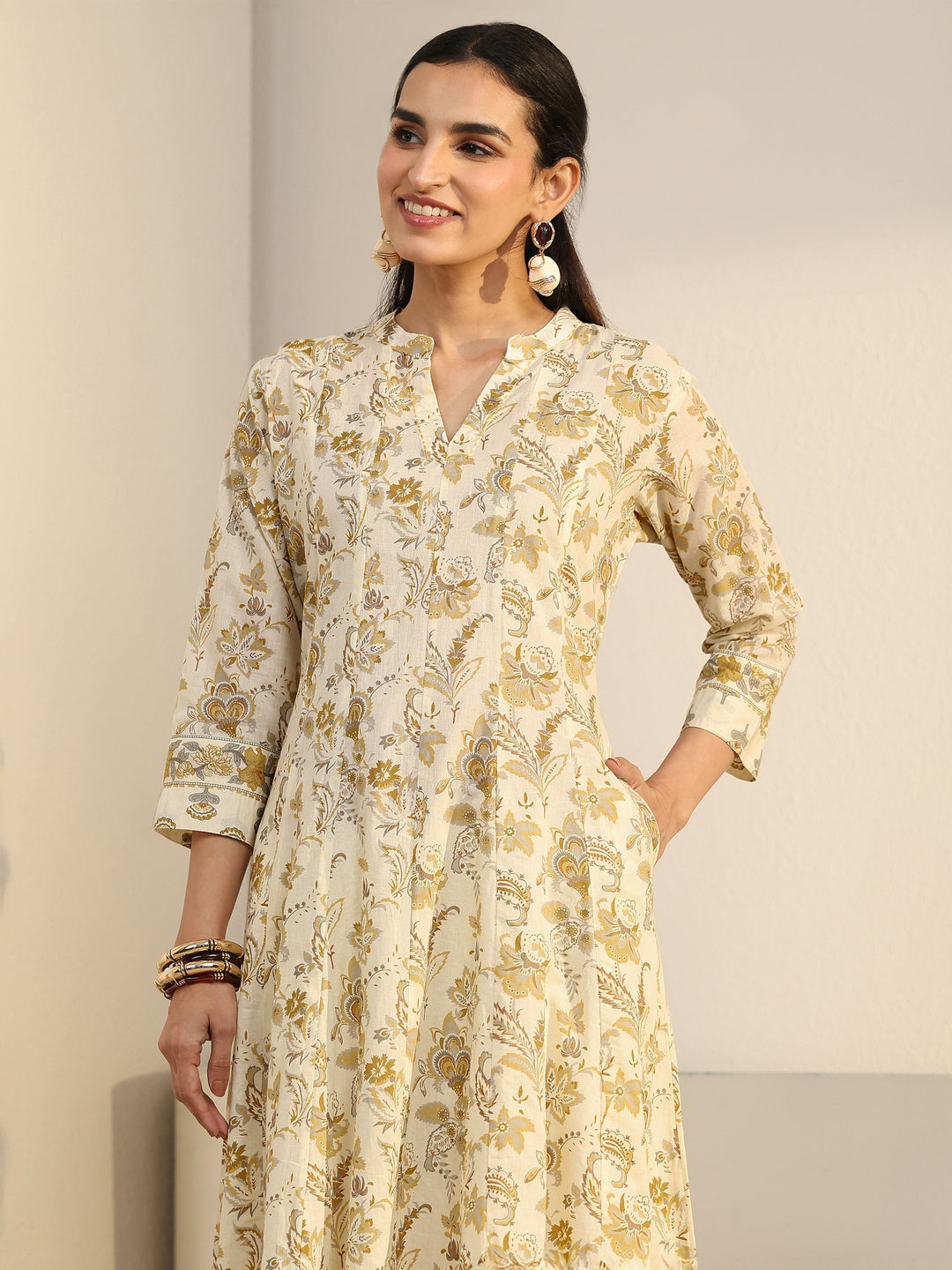  Libas Off White Floral Printed Cotton Anarkali Suit Set 