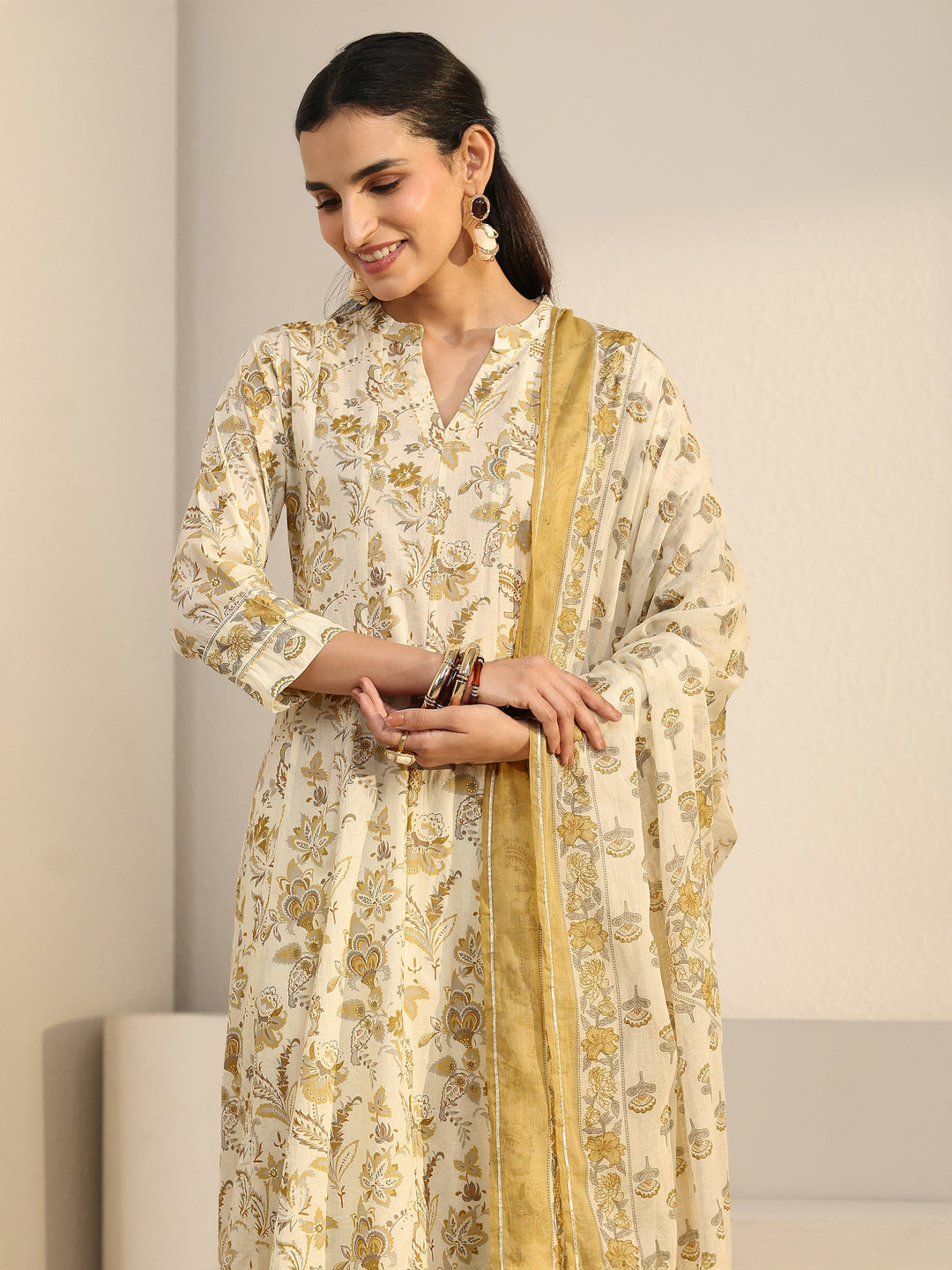  Libas Off White Floral Printed Cotton Anarkali Suit Set 