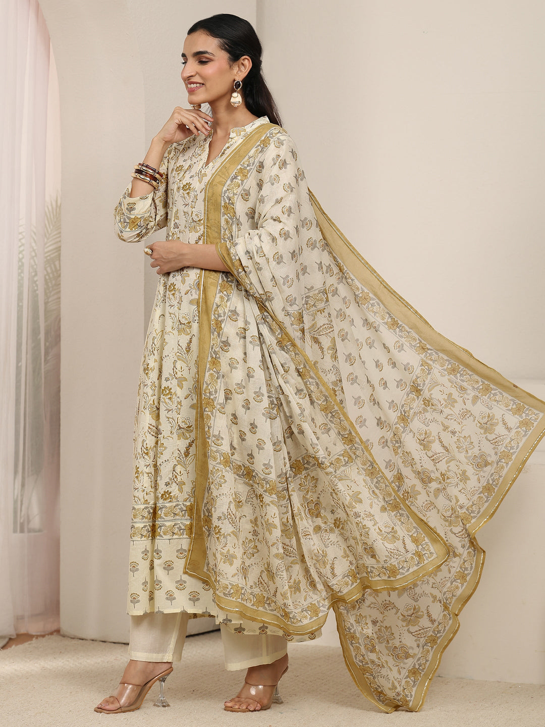  Libas Off White Floral Printed Cotton Anarkali Suit Set 