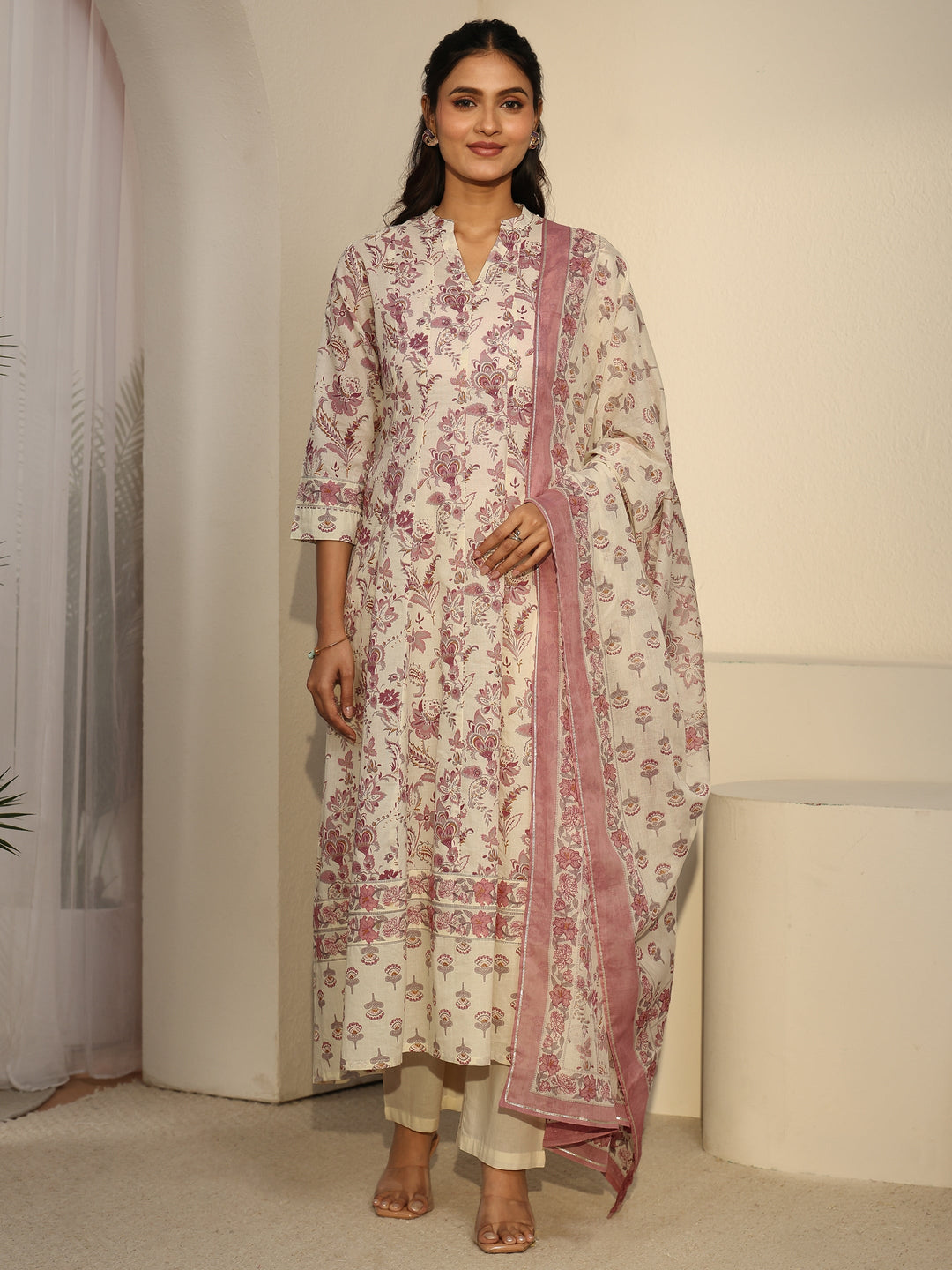  Libas Off White Floral Printed Cotton Anarkali Suit Set 