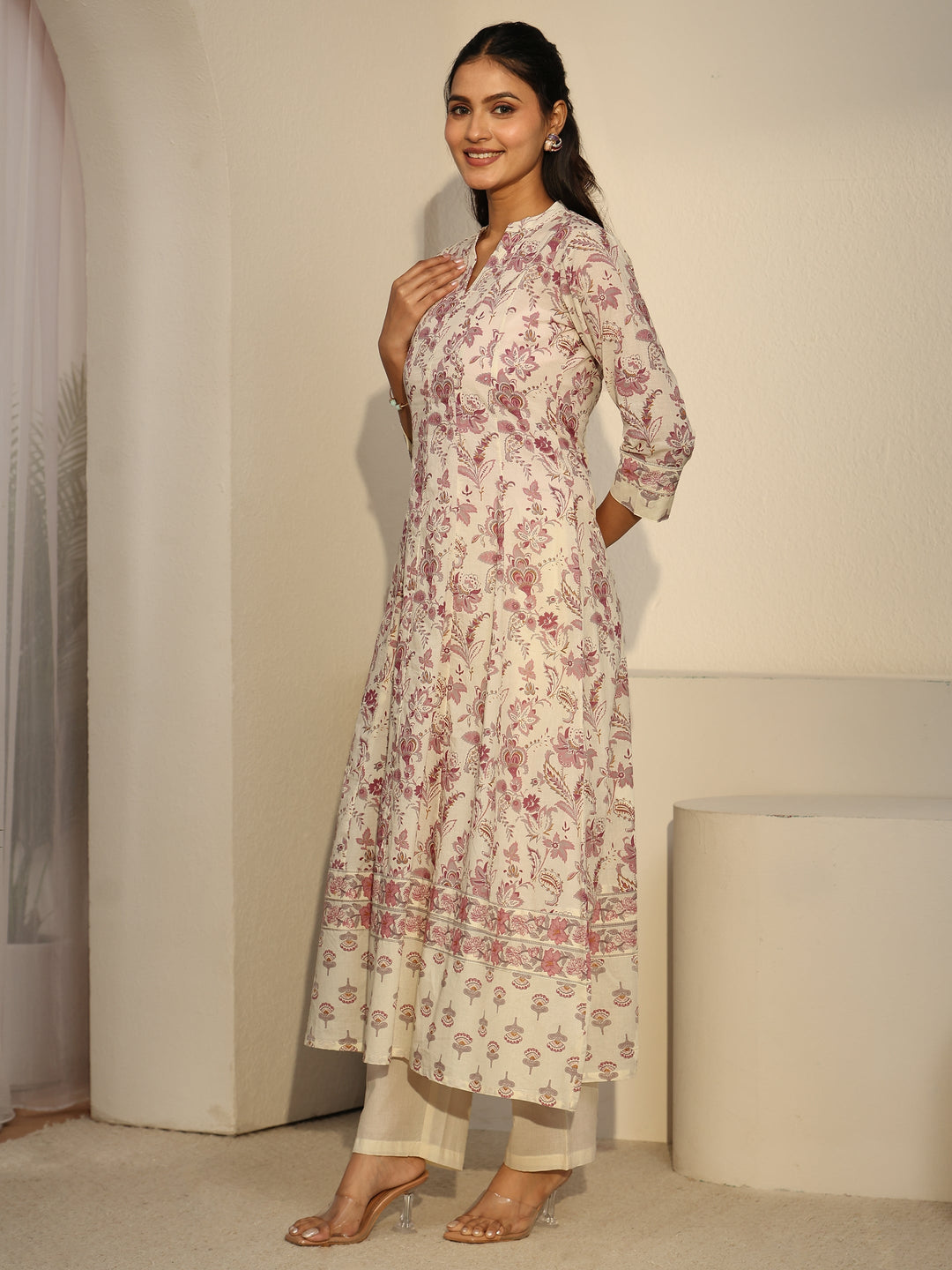  Libas Off White Floral Printed Cotton Anarkali Suit Set 