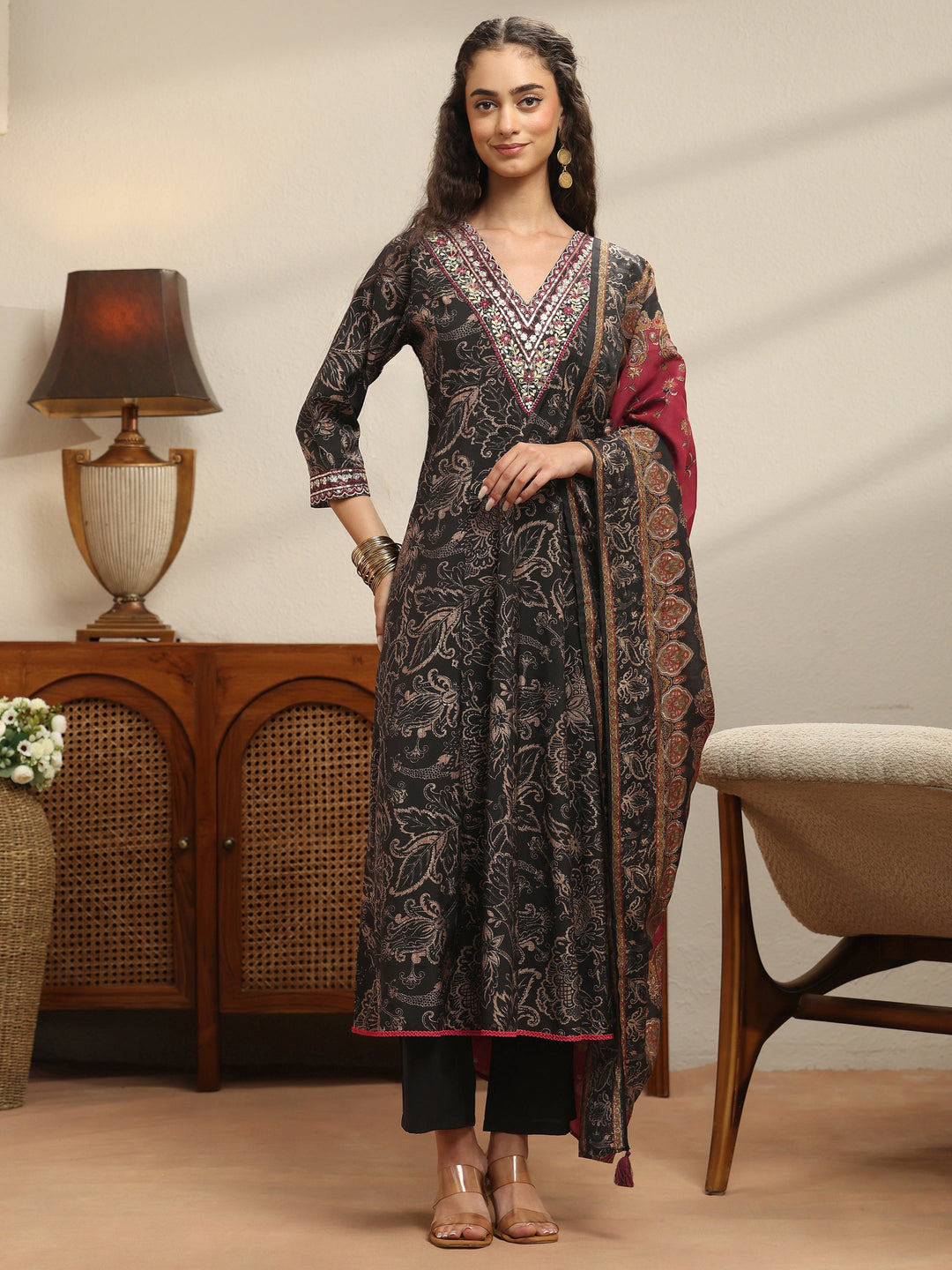  Black Floral Printed Silk Blend Anarkali Suit Set 